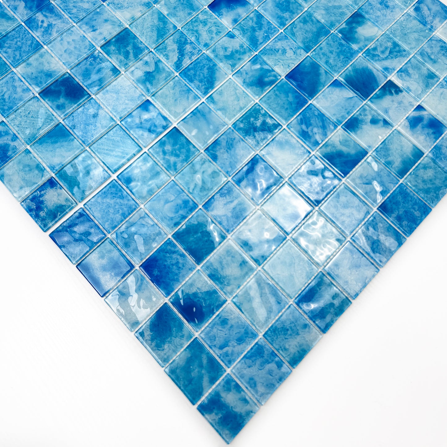 Marble Mirage Series Baby Blue & French Blue & Yale Blue Mixed Marble Transparent Texture Crystal Glass Mosaic