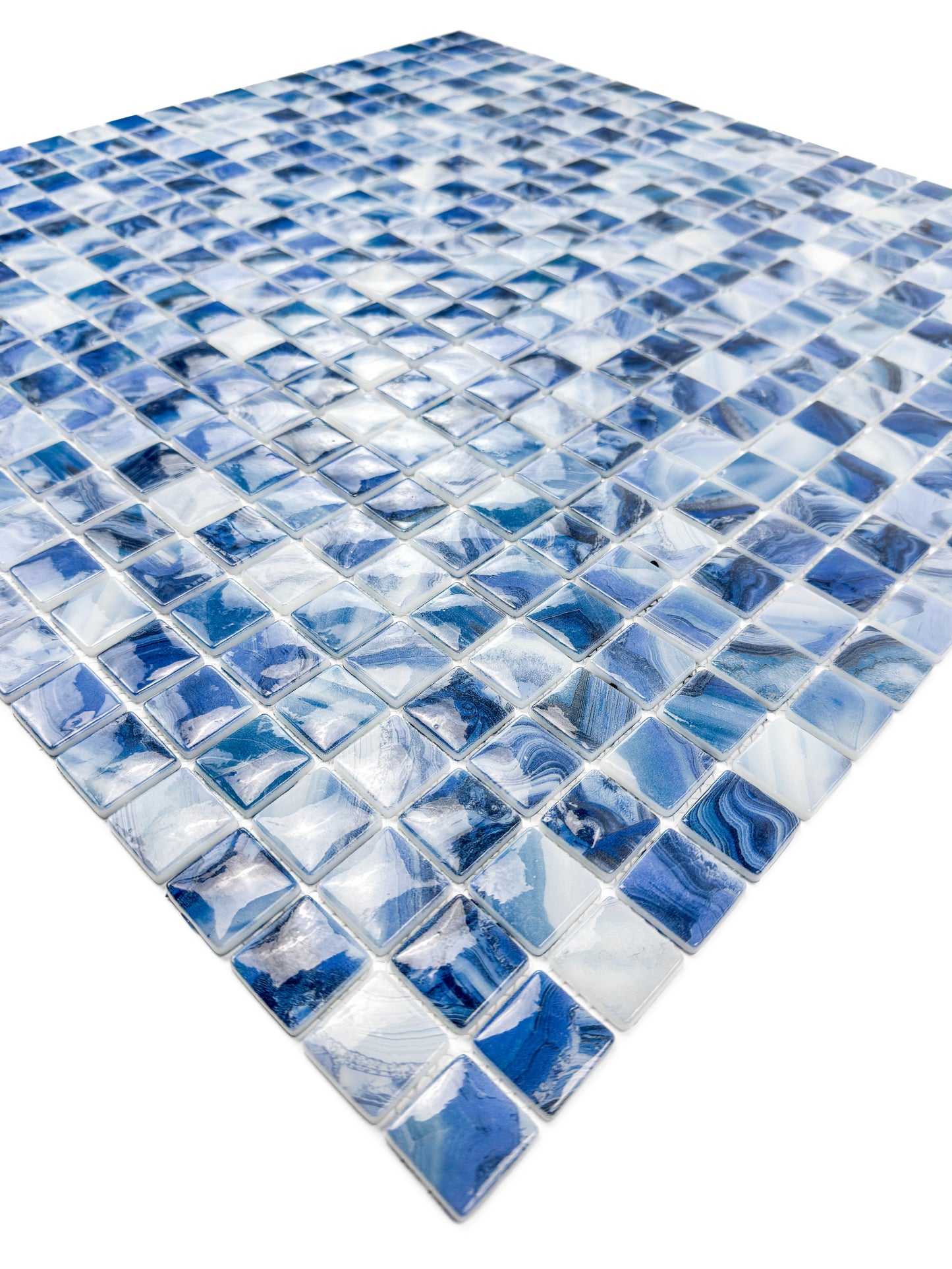 Opulent Vein Series Yale Blue & Milk White Marble Texture Glossy Recycled Glass Mosaic