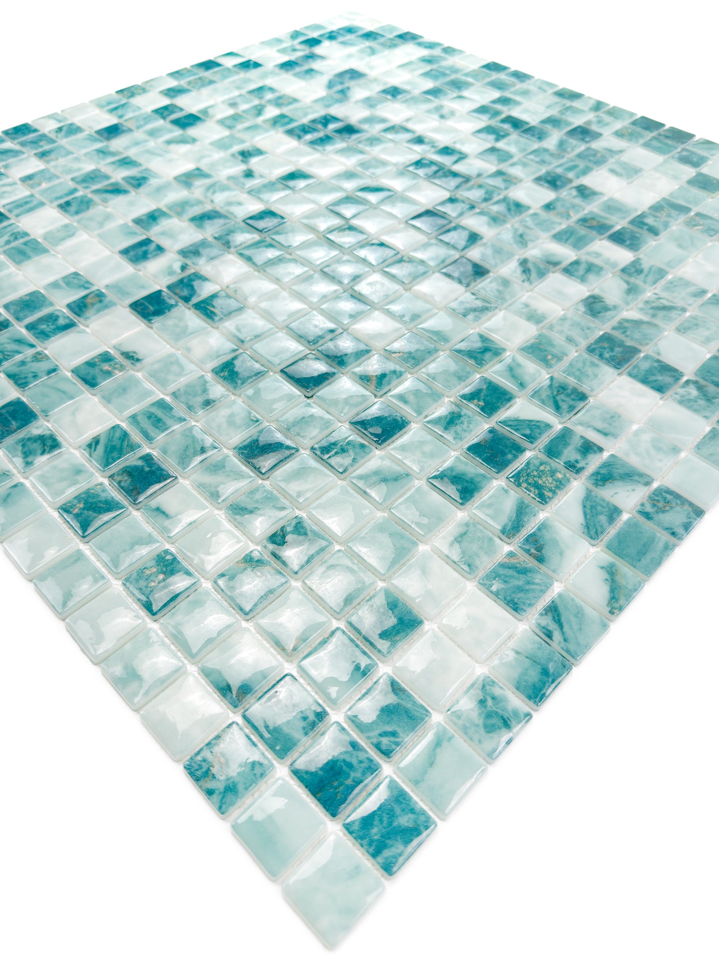 Opulent Vein Series Light Blue & Tiffany Blue Marble Texture Glossy Recycled Glass Mosaic