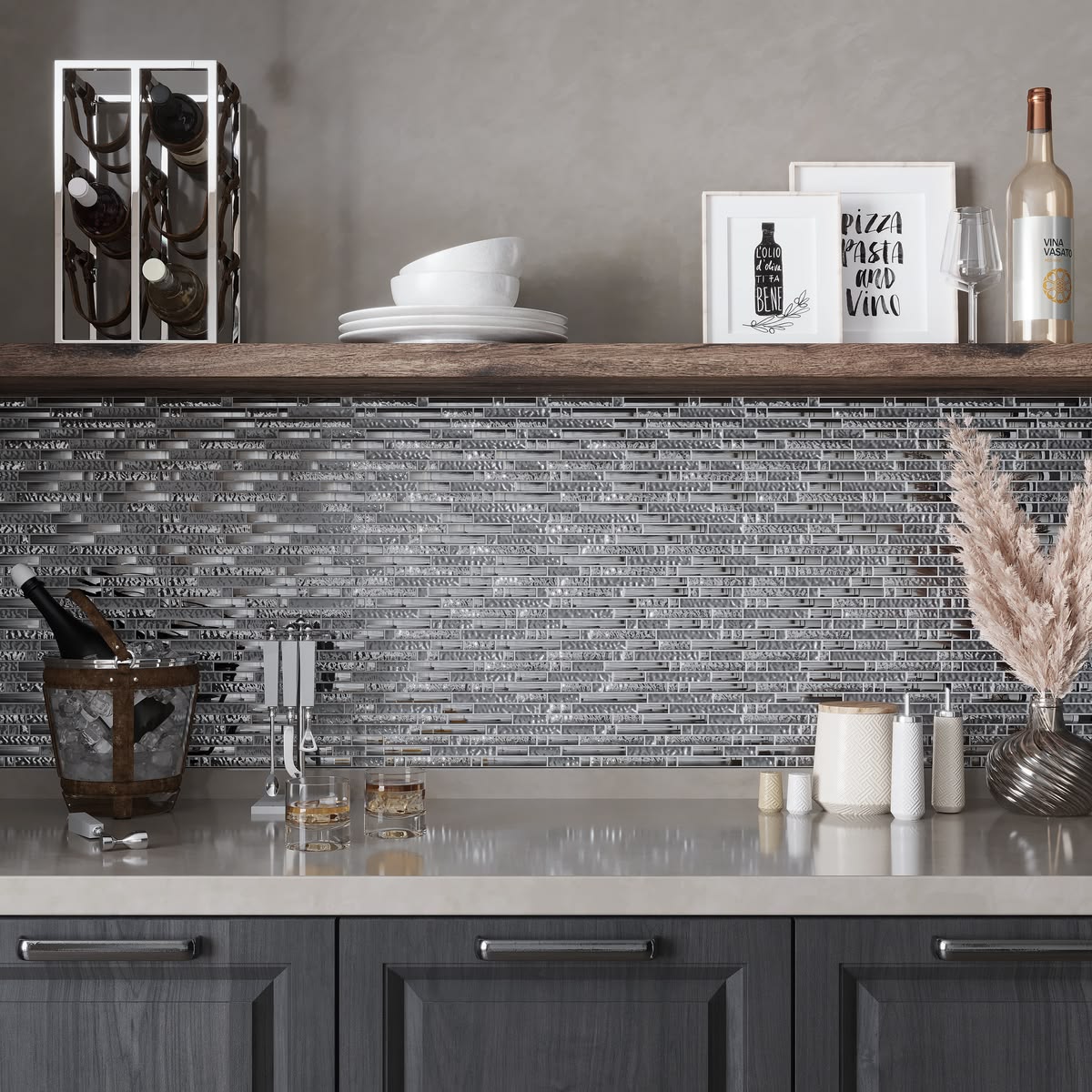 Modern kitchen with silver mosaic backsplash tiles, metallic textured wall design, contemporary cabinetry, and stylish interior decor by Roman Mosaic, premium tile supplier UAE.
