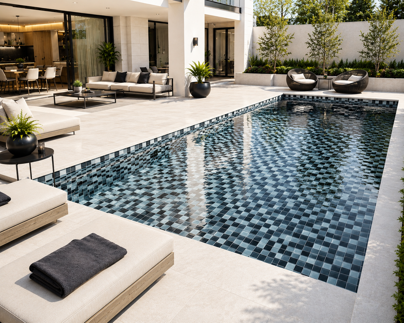 Luxury villa pool with black grey white glass mosaic tiles, modern outdoor furniture, reflective water, elegant contemporary architecture, and premium resort-style swimming pool design.