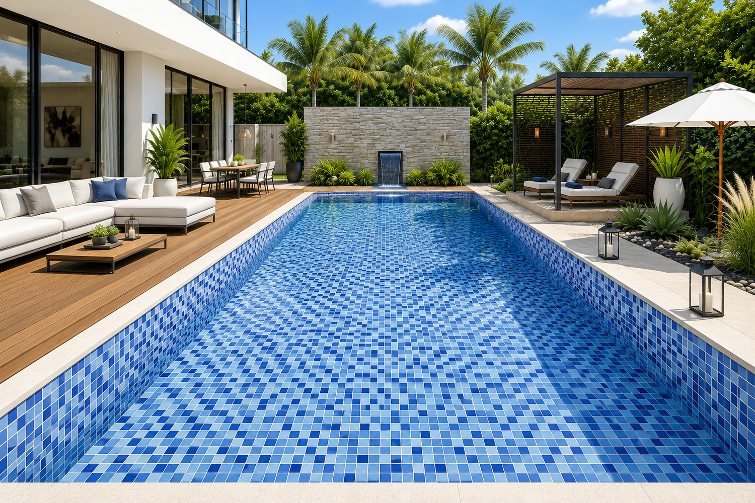 Luxury modern villa backyard with a realistic blue and white mosaic tiled swimming pool, elegant outdoor lounge furniture, tropical landscaping, wooden deck, waterfall feature, shaded cabana, and sunny resort-style ambiance.