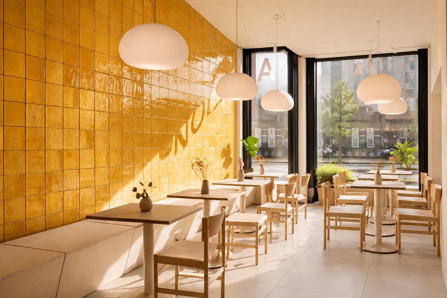 Modern café interior with glossy gold mosaic wall tiles, featuring warm sunlight, minimalist wooden furniture, pendant lighting, and large windows creating a bright, elegant dining atmosphere.