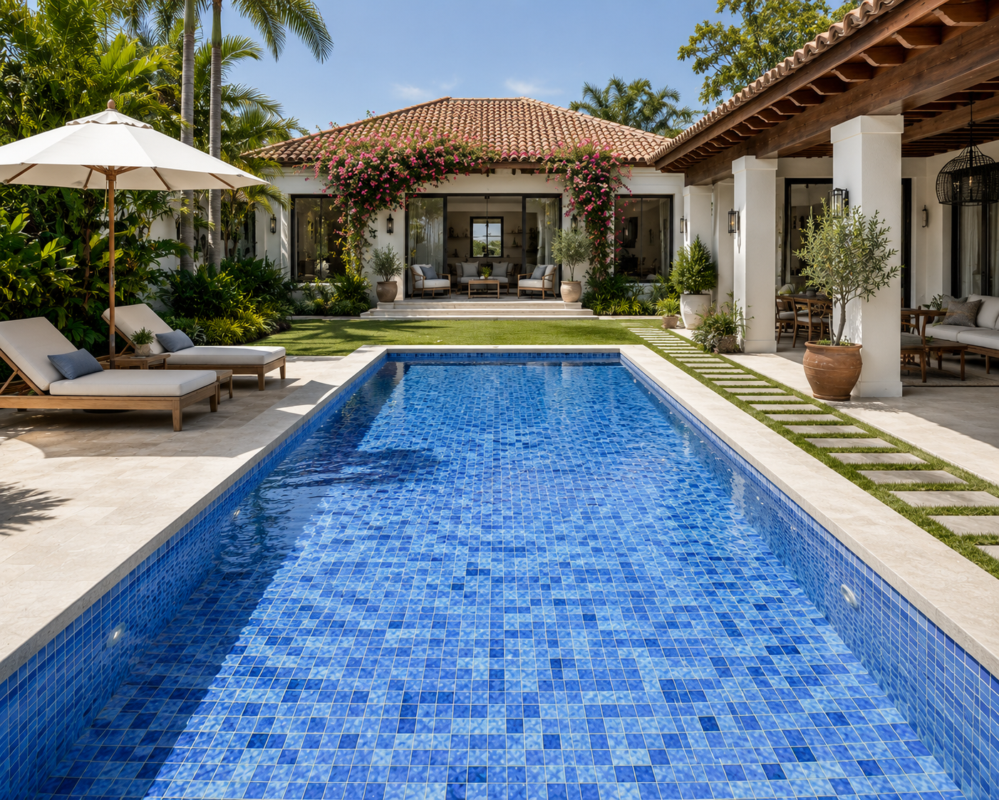 Modern luxury villa backyard with blue mosaic tiled swimming pool, tropical landscaping, sun loungers, and elegant Mediterranean-style outdoor living area in bright daytime setting.