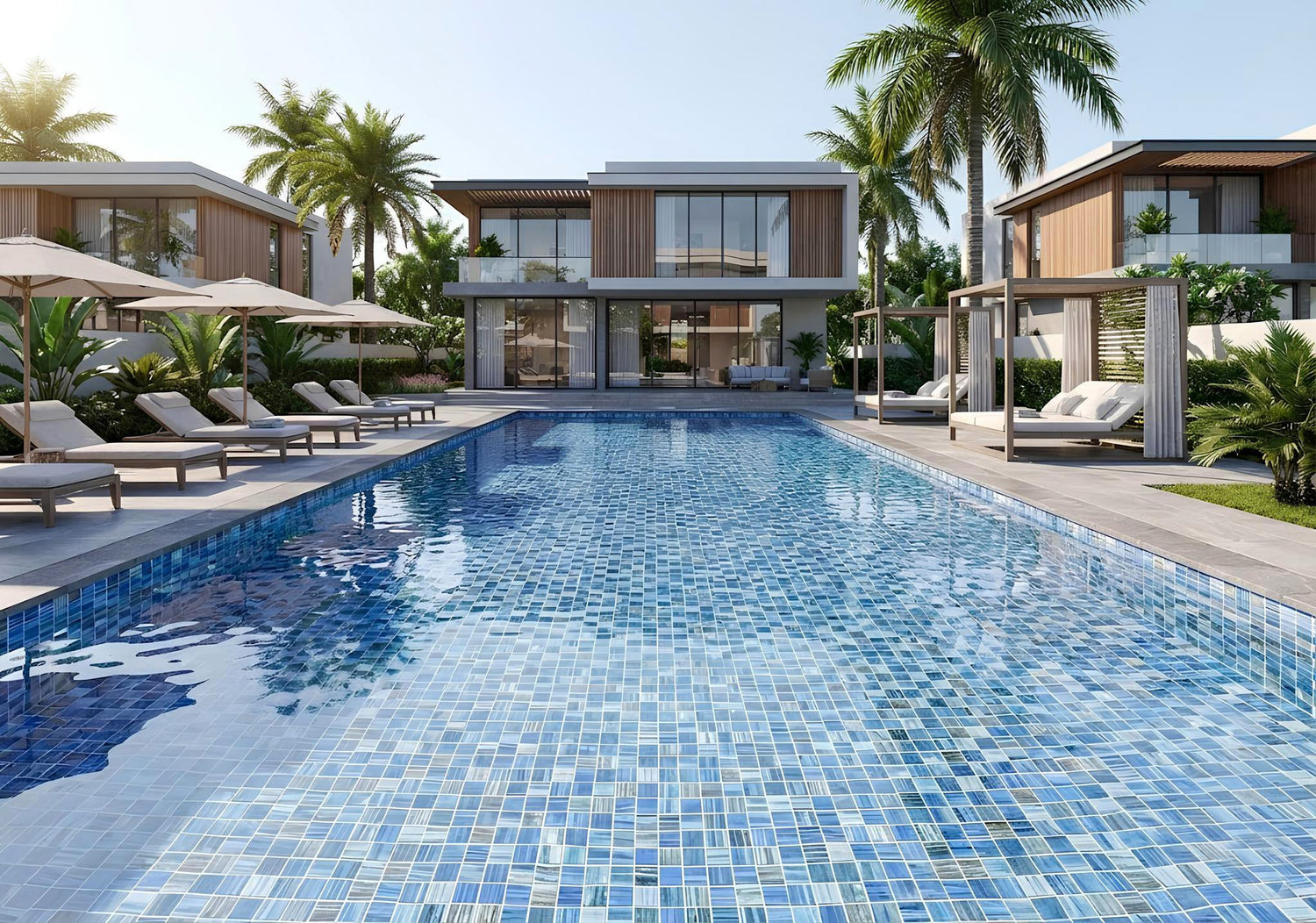 Luxury modern swimming pool featuring blue stone-pattern mosaic tiles, surrounded by contemporary tropical villas, palm trees, sun loungers, and elegant outdoor cabanas in a bright resort-style setting.