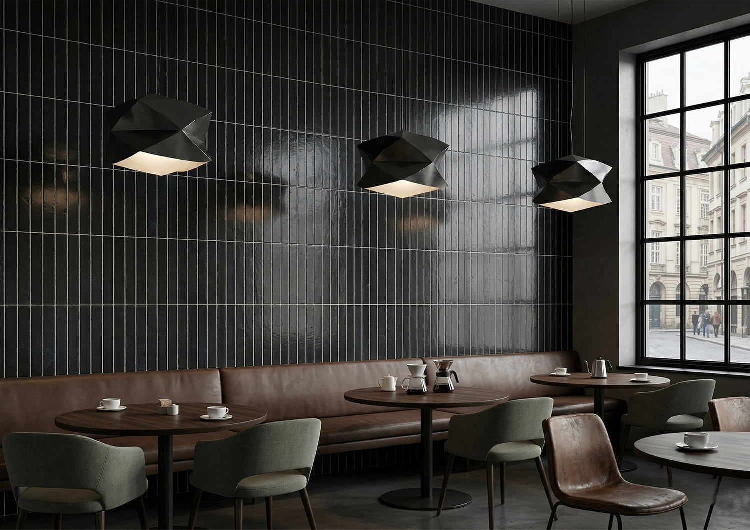 Black glossy vertical mosaic wall tiles in a modern café interior, featuring textured porcelain tiles, minimalist lighting, leather seating, and contemporary urban design ambiance.