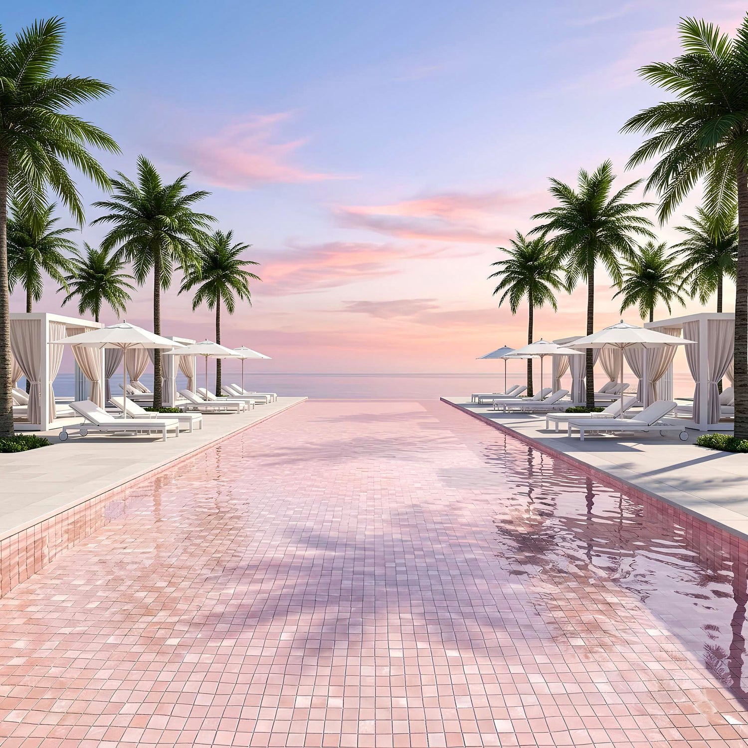 Luxury infinity swimming pool with pink mosaic tiles, beachfront resort setting, palm trees, and sunset view by Roman Mosaic, premium pool tile supplier UAE.