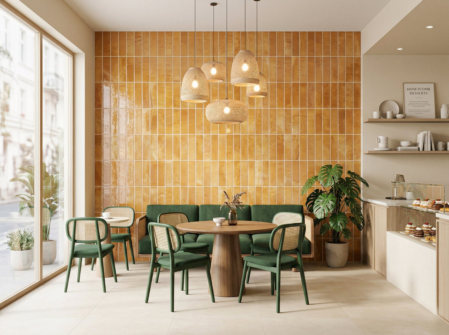 Orange natural gradient porcelain mosaic wall tiles in a modern café interior, featuring glossy vertical tile design with warm earthy tones, wooden furniture, green chairs, and soft ambient lighting.