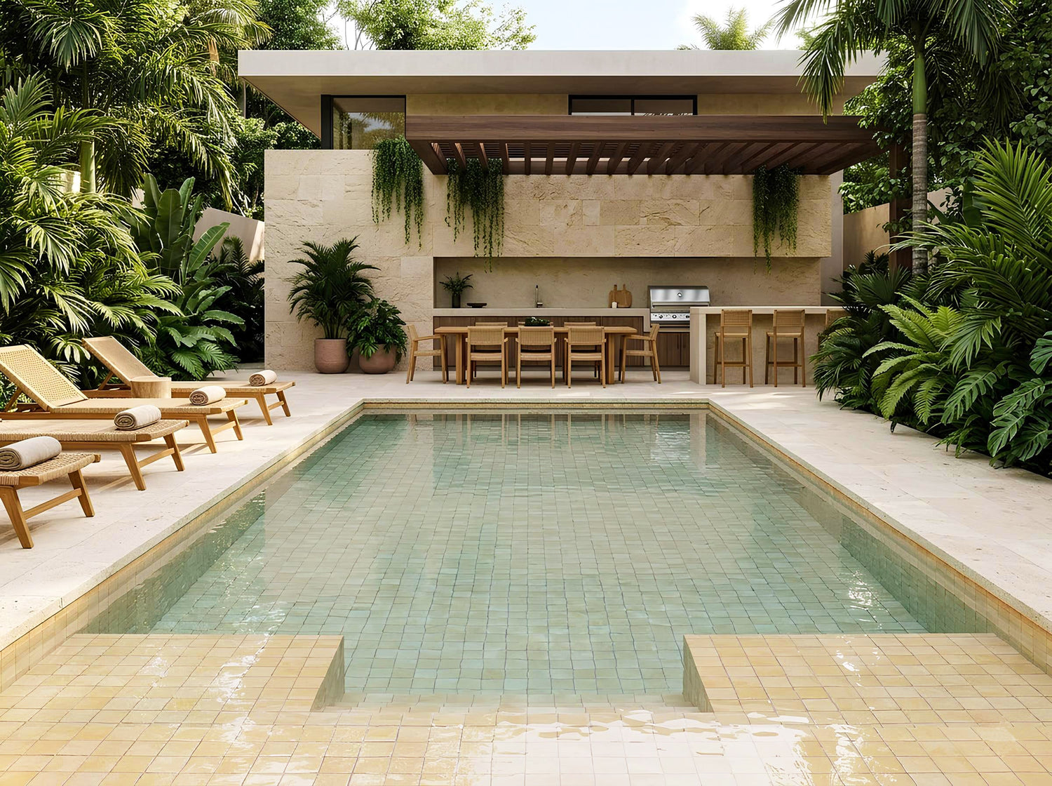 Luxury outdoor swimming pool with light yellow mosaic tiles, modern villa patio, tropical landscaping, and elegant pool design by Roman Mosaic, premium pool tile supplier UAE.