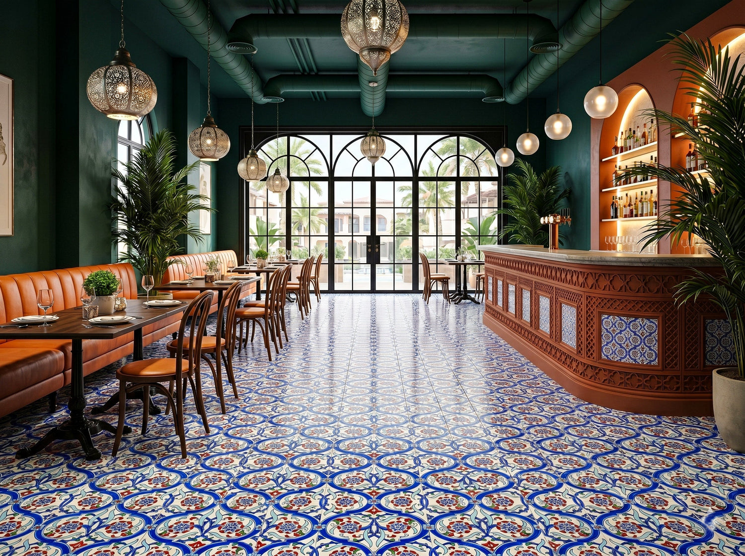 Luxury restaurant interior with multi-tone patterned floor tiles, decorative mosaic design, vibrant color palette, and Mediterranean-style decor by Roman Mosaic, premium tile supplier UAE.