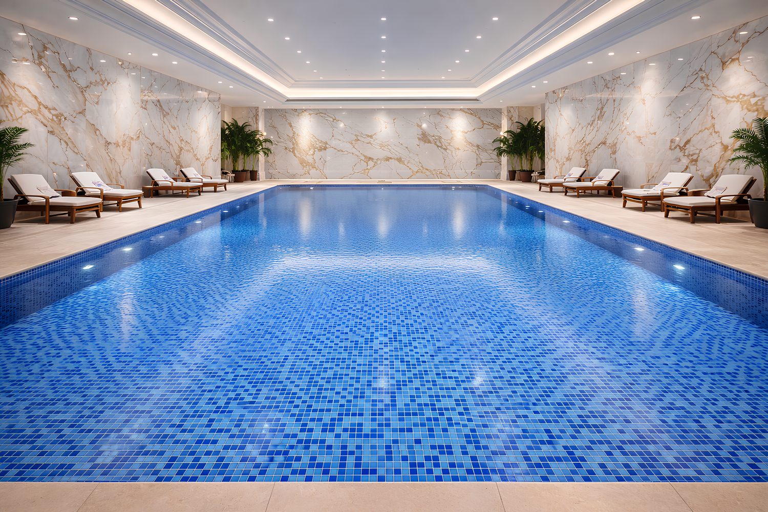 Luxury indoor swimming pool with blue glass mosaic tiles, modern spa design, marble wall finish, and elegant lighting by Roman Mosaic, premium pool tile supplier UAE.