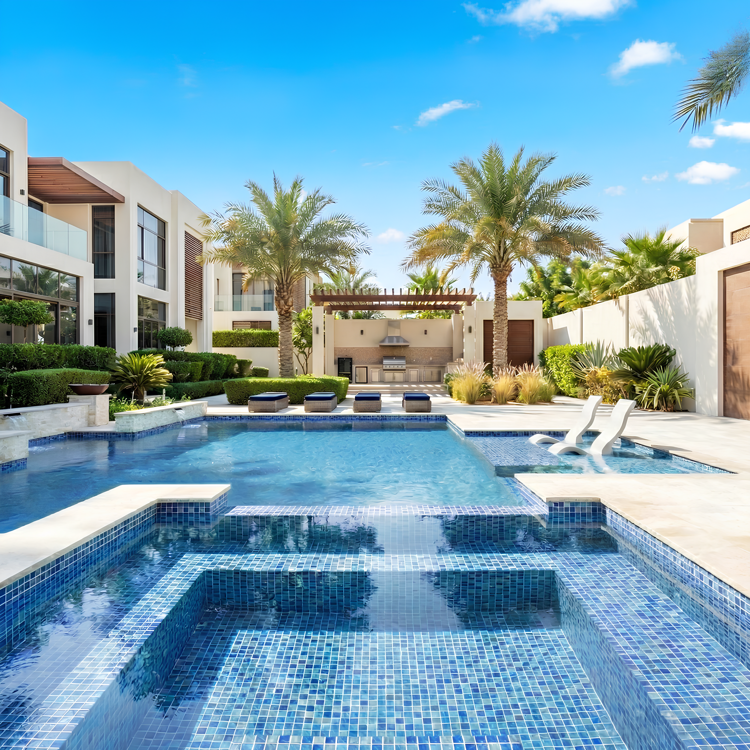 Luxury modern villa backyard with a crystal-clear swimming pool featuring glossy blue mosaic tiles, sun loungers, tropical palm trees, landscaped garden, and elegant outdoor lounge area under a bright blue sky.