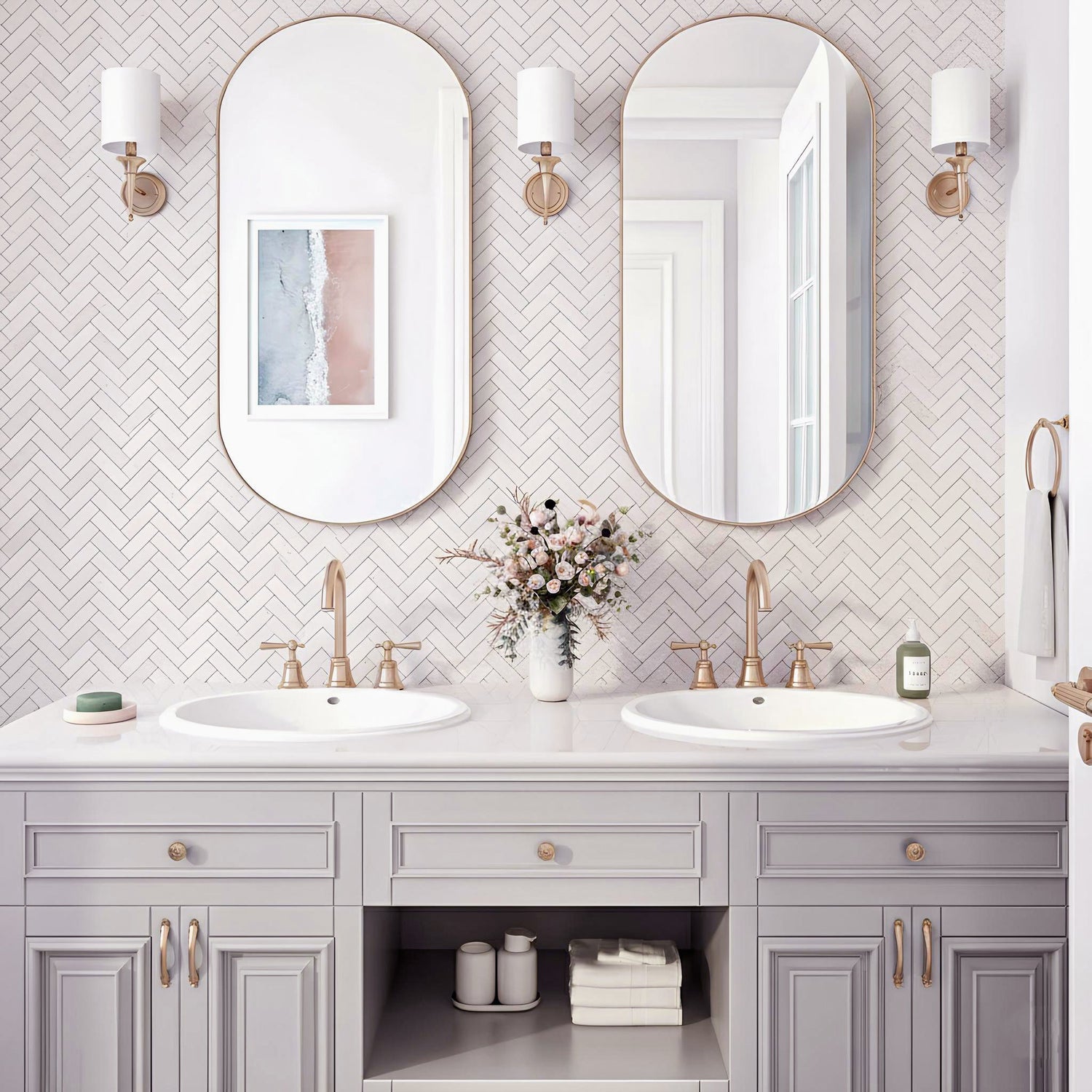 white herringbone mosaic wall tiles in a modern bathroom vanity, featuring glossy porcelain tiles, double sink setup, gold fixtures, and elegant contemporary interior design.