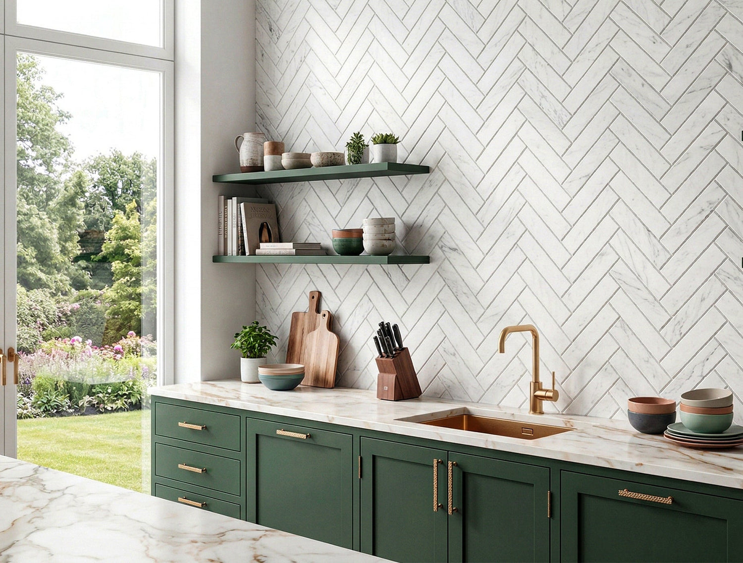 Modern kitchen with off-white herringbone wall tiles, marble texture finish, green cabinetry, and stylish backsplash design by Roman Mosaic, premium tile supplier UAE.