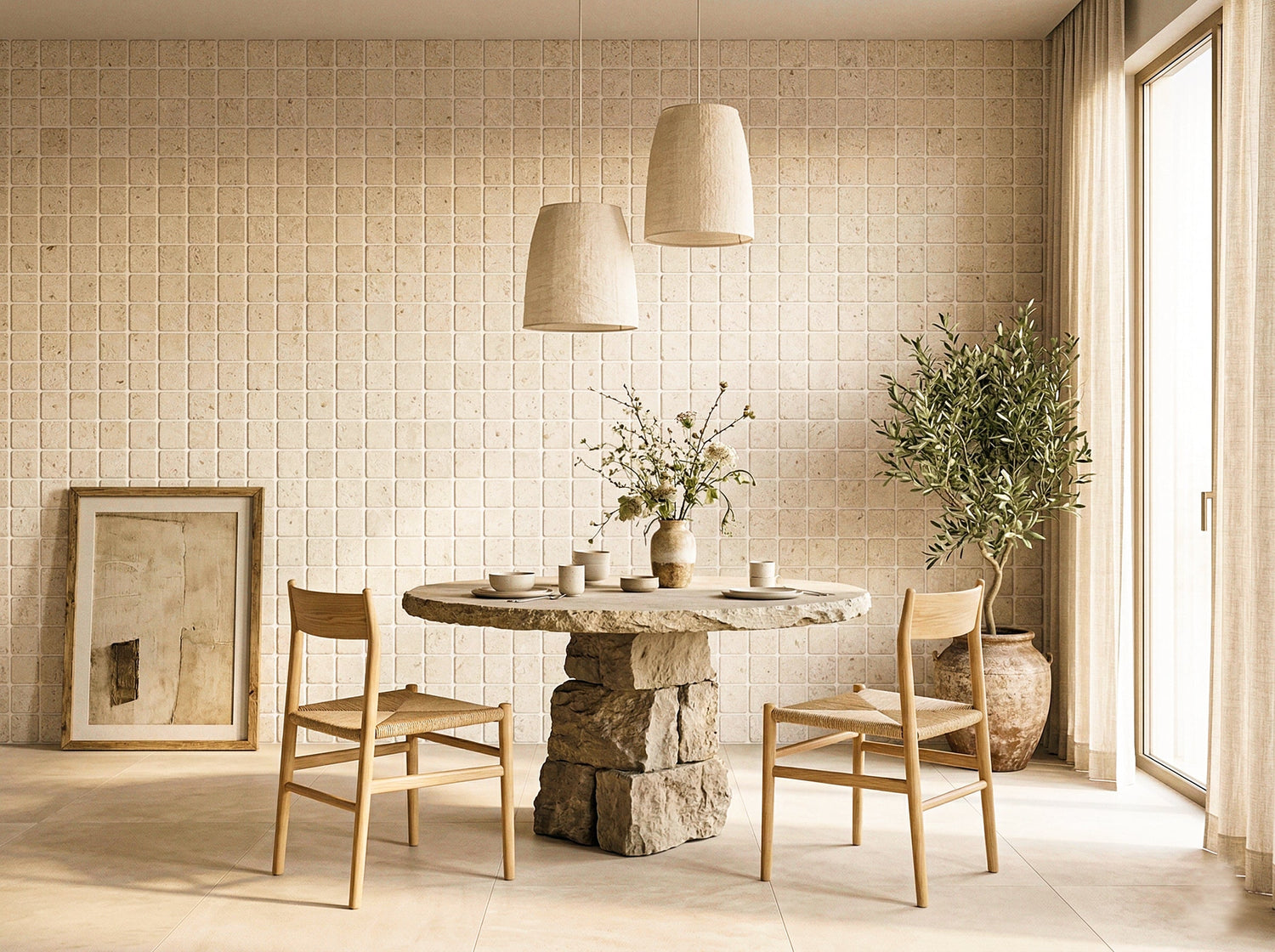 Modern dining room with beige mosaic wall tiles, natural stone table, minimalist decor, and warm neutral interior design by Roman Mosaic, premium tile supplier UAE.