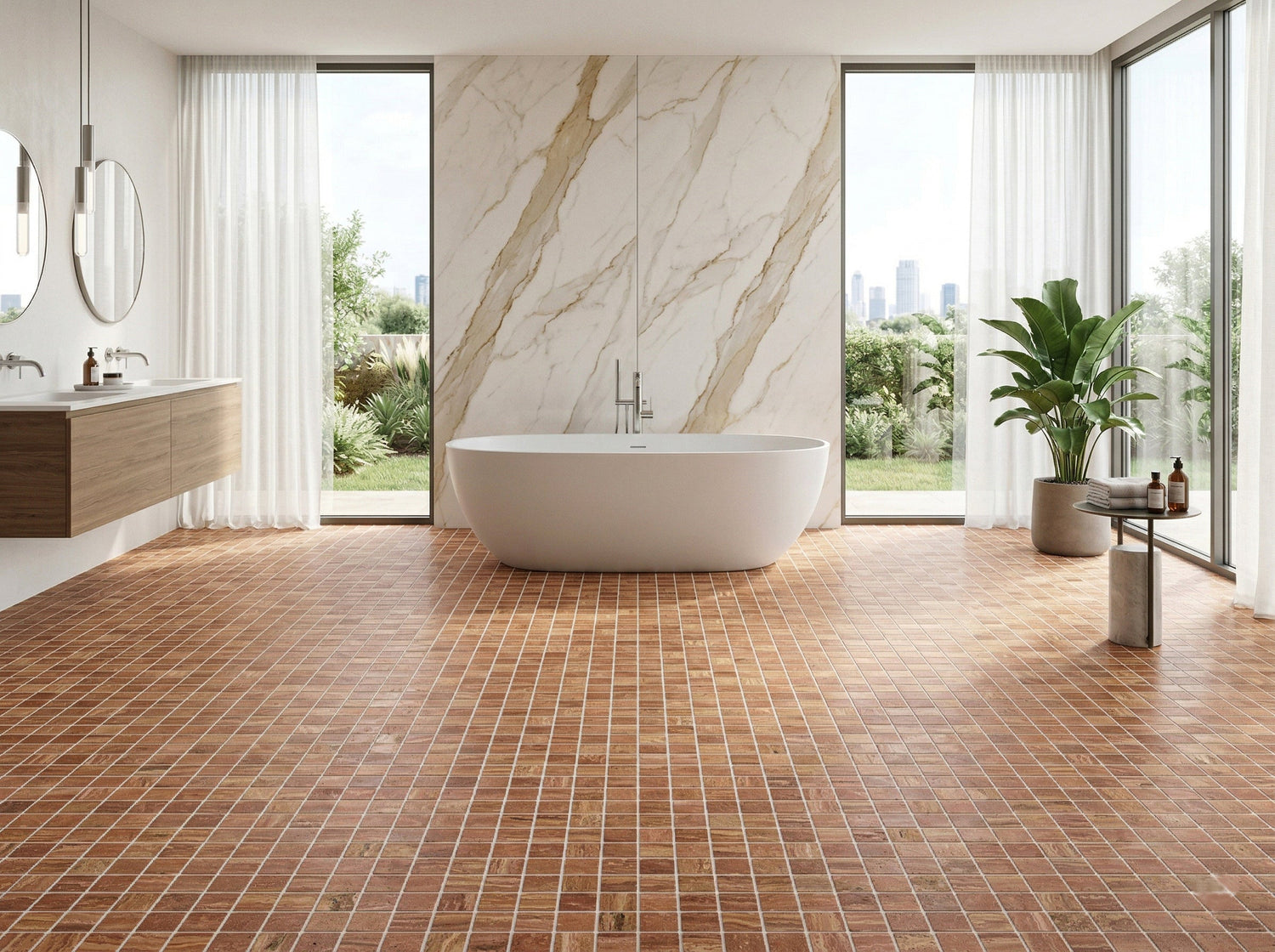 Modern bathroom with brown mosaic floor tiles, freestanding bathtub, marble feature wall, and natural light interior by Roman Mosaic, premium tile supplier UAE.