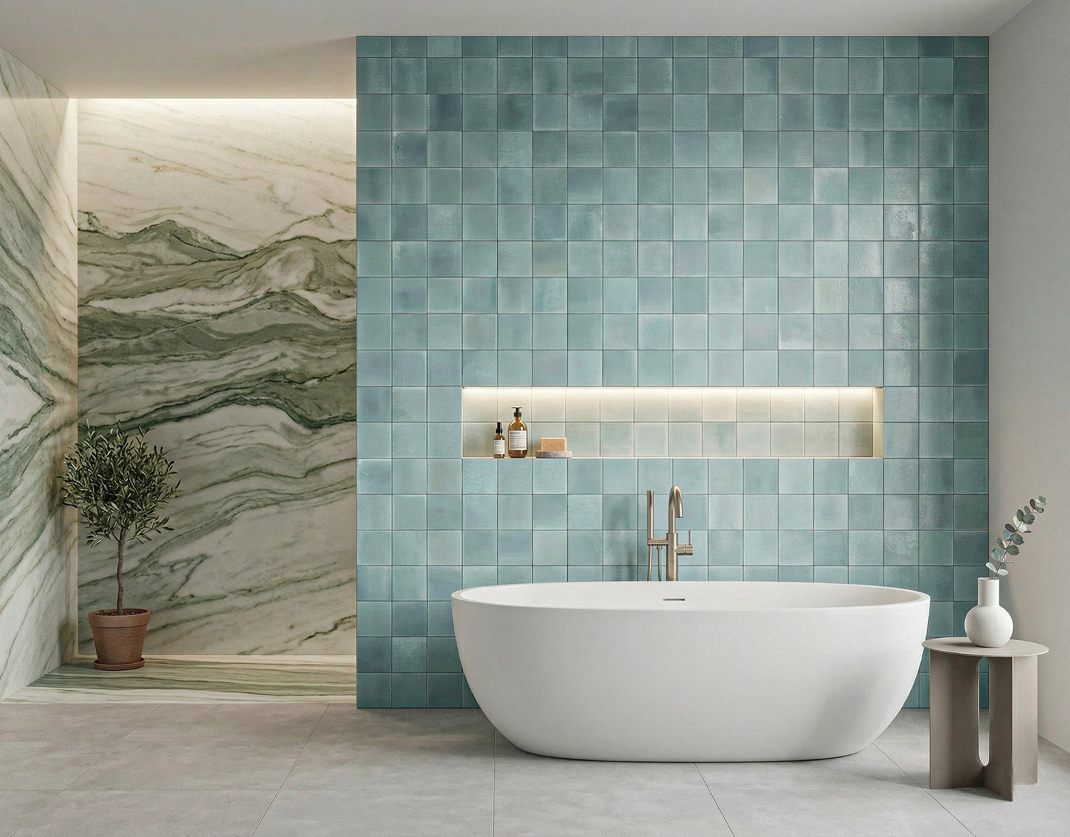 **SEO-Optimized Alt Text:**  Modern bathroom interior with blue-green wall tiles, freestanding bathtub, marble feature wall, and minimalist design by Roman Mosaic, premium bathroom tile supplier UAE.