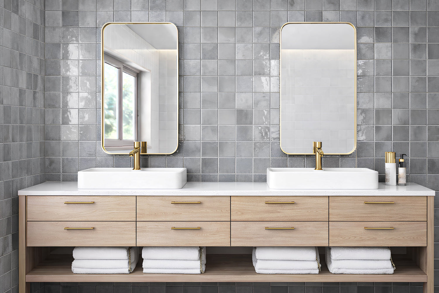 Modern bathroom with grey wall tiles, double vanity sink, gold fixtures, and minimalist interior design by Roman Mosaic, premium tile supplier UAE.