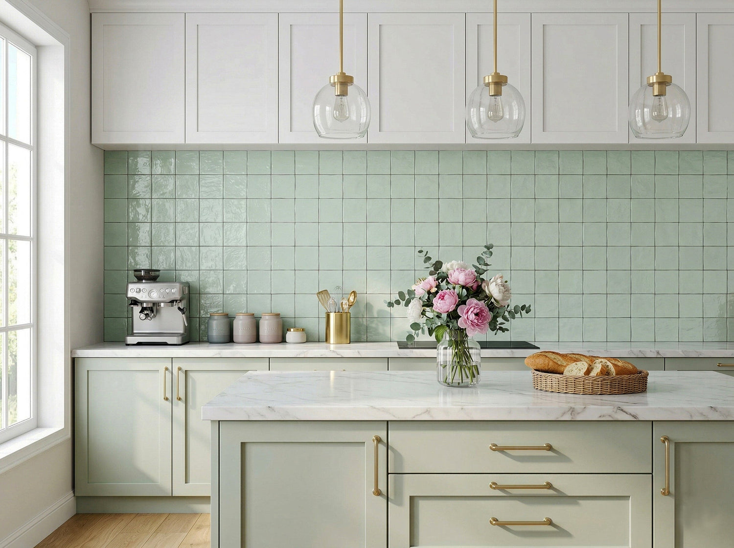 Modern kitchen interior with glossy green backsplash tiles, white cabinetry, marble countertop, and pendant lighting by Roman Mosaic, premium kitchen tile supplier UAE.