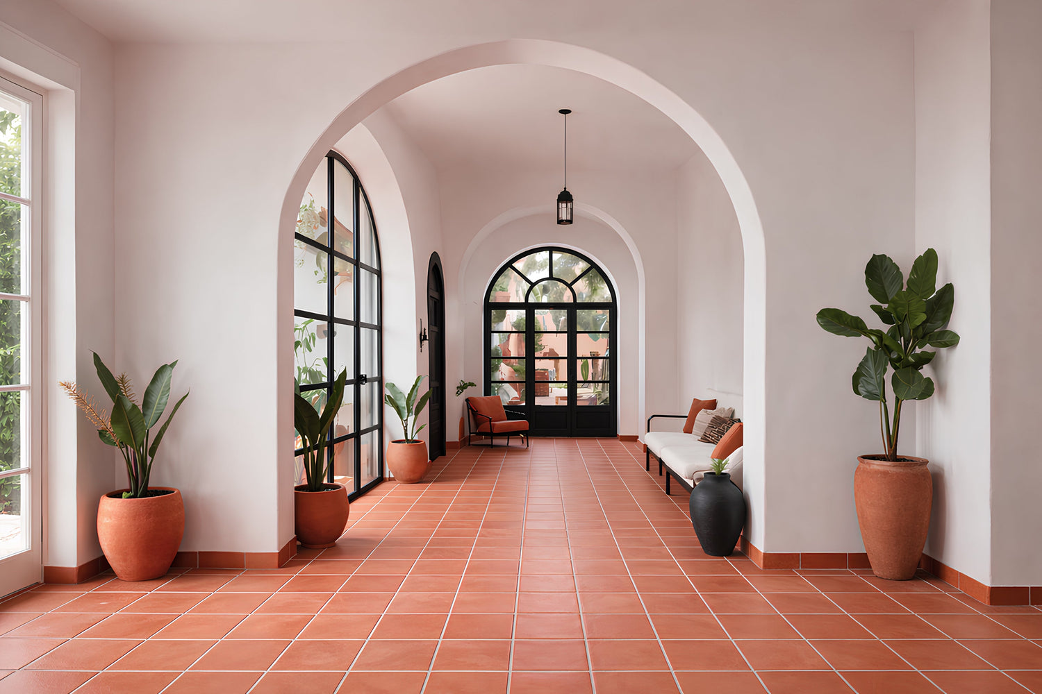 Modern interior hallway with premium floor tiles, arched architecture, natural light, and minimalist decor by Roman Mosaic, premium floor tile supplier UAE.