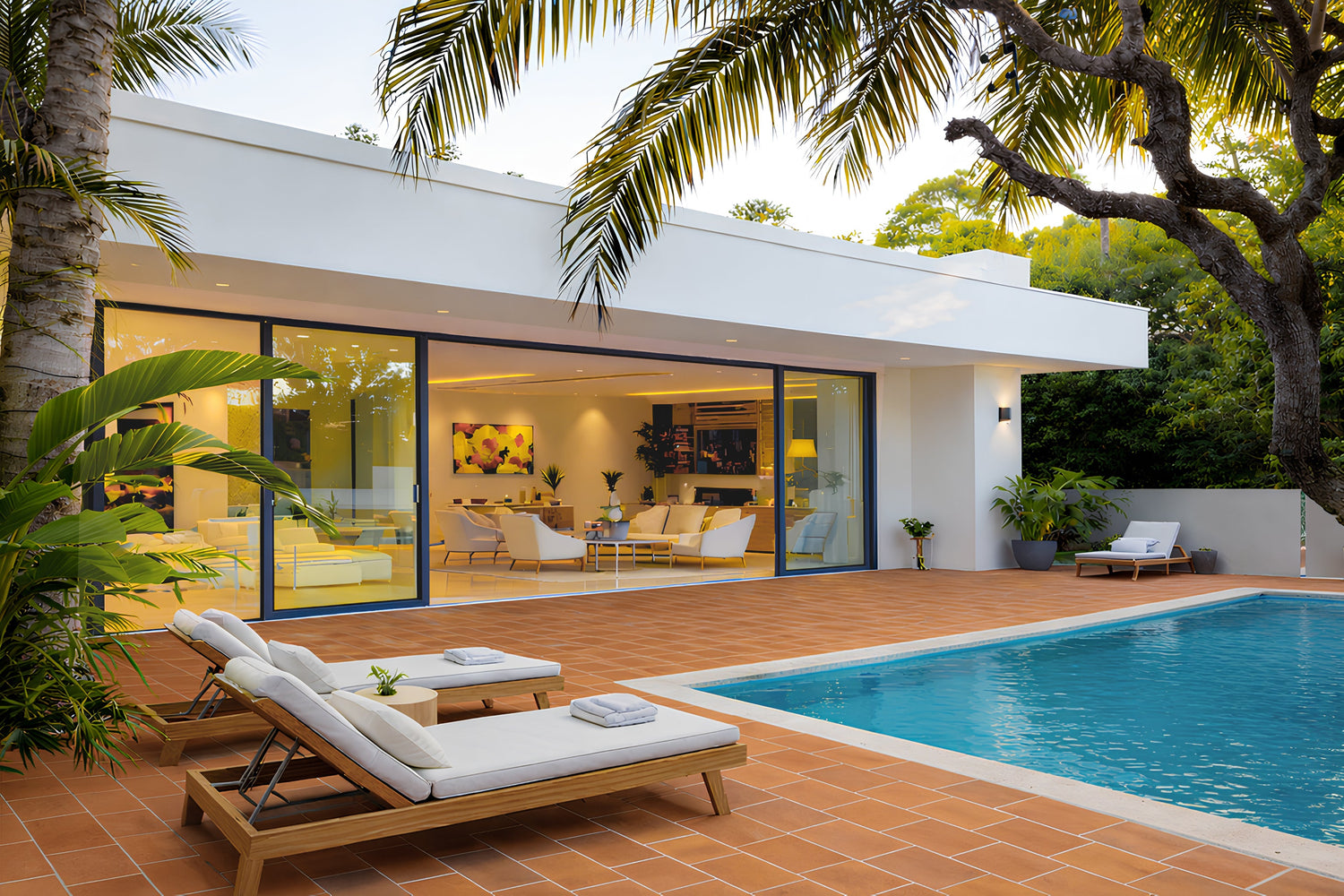 Luxury modern villa outdoor patio with anti-slip terracotta outdoor tiles, swimming pool area, sun loungers, and tropical landscaping by Roman Mosaic, premium outdoor tile supplier UAE.