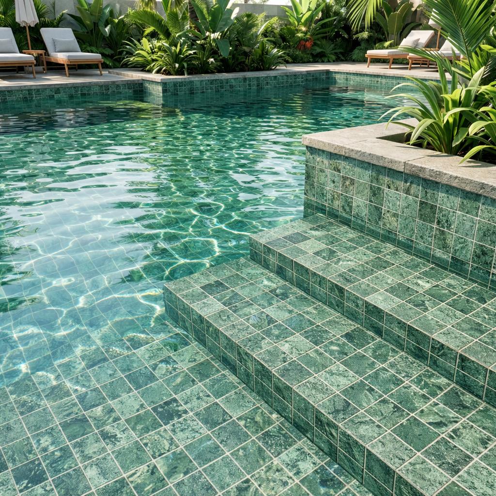 Luxury tropical swimming pool featuring green stone-look porcelain mosaic tiles on pool floors and steps, surrounded by lush landscaping, crystal-clear water reflections, and modern resort-style outdoor seating.