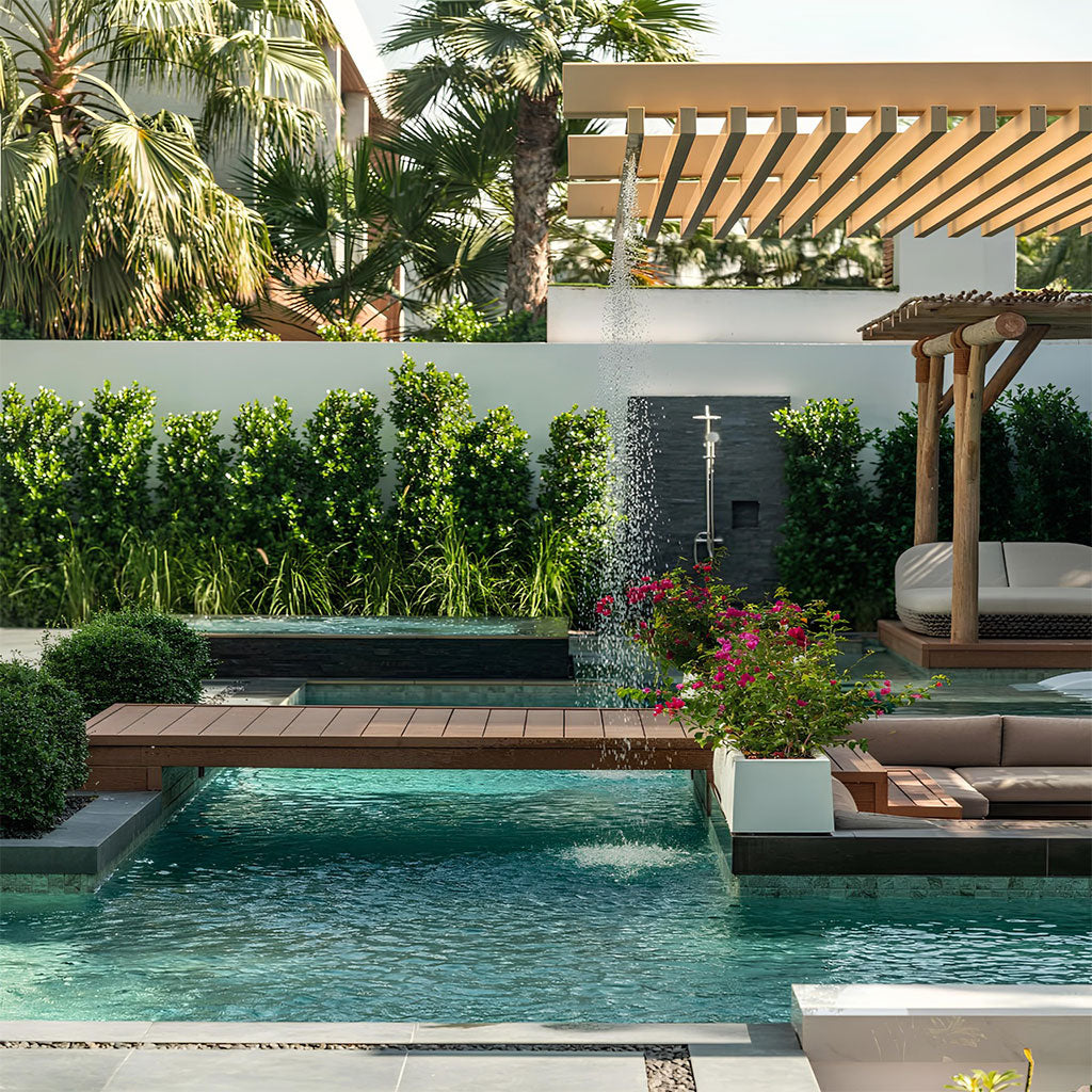 Luxury modern outdoor swimming pool with Sukabumi-inspired porcelain tiles, wooden pergola, tropical landscaping, and elegant resort-style garden design in a contemporary villa setting.