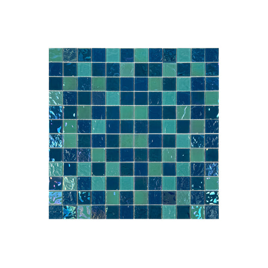 Crystal Cascade Series Pine Green & Sapphire Blue Iridescent Mixed Wave Pattern Crystal Glass Mosaic