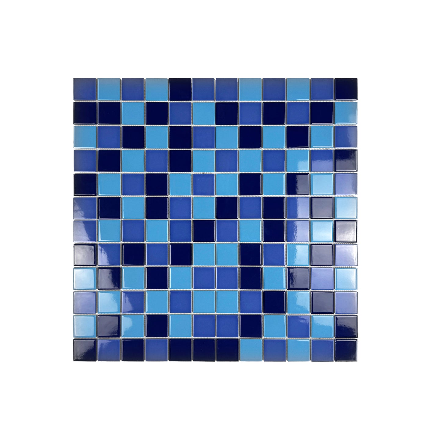 Mosaic tile pattern with blue squares on a white background