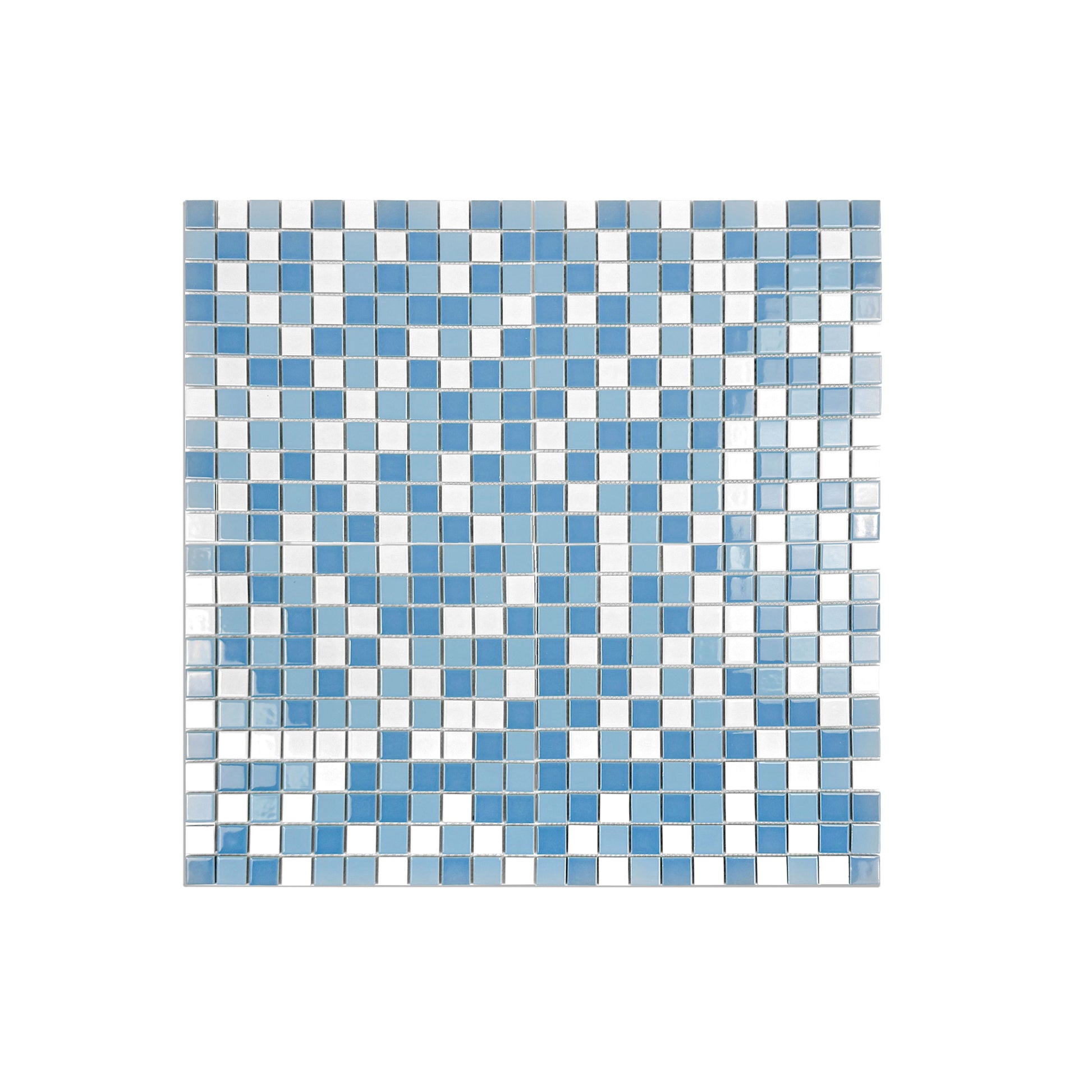 Mosaic pattern of blue and white tiles on a white background