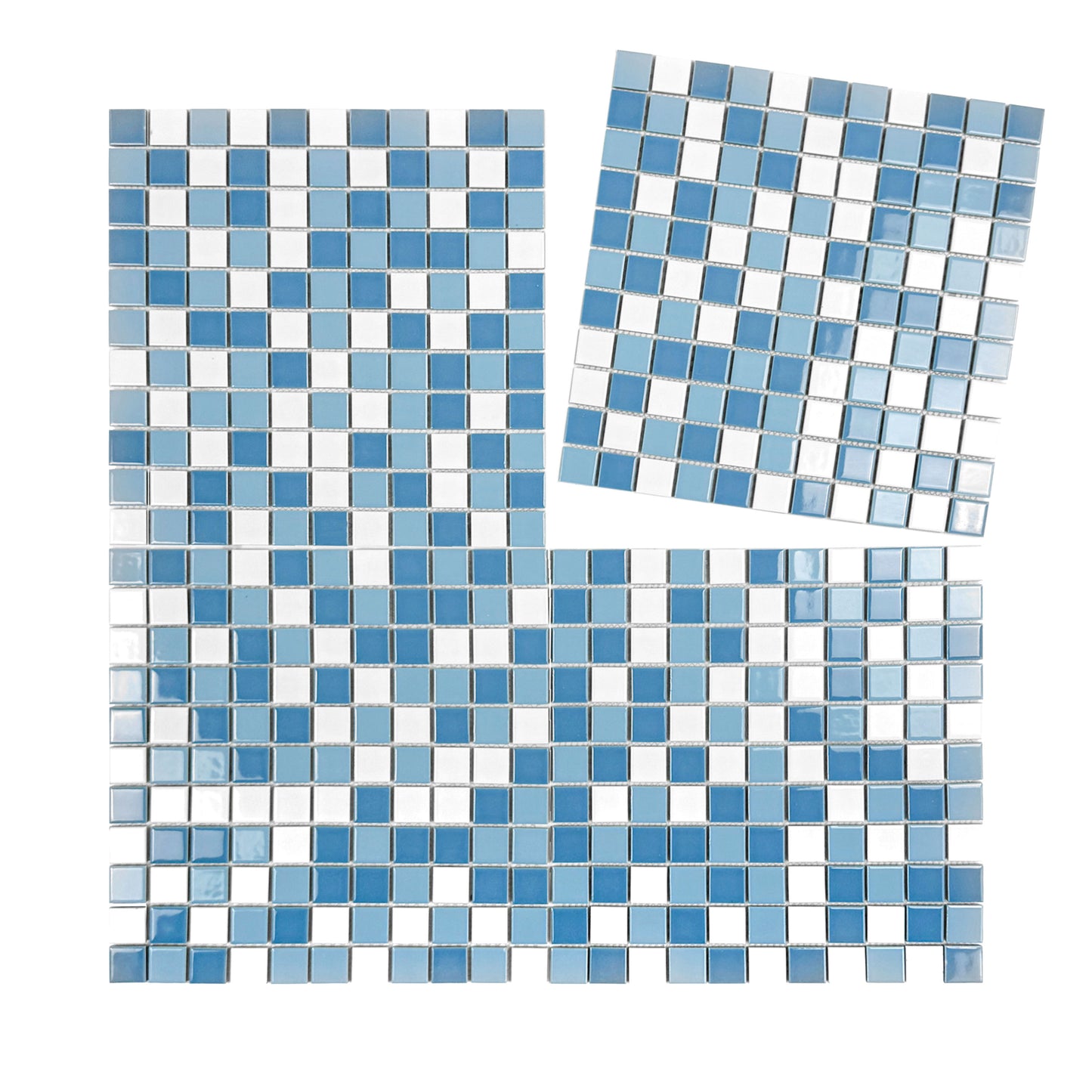 Blue and white square tile mosaic on a white background