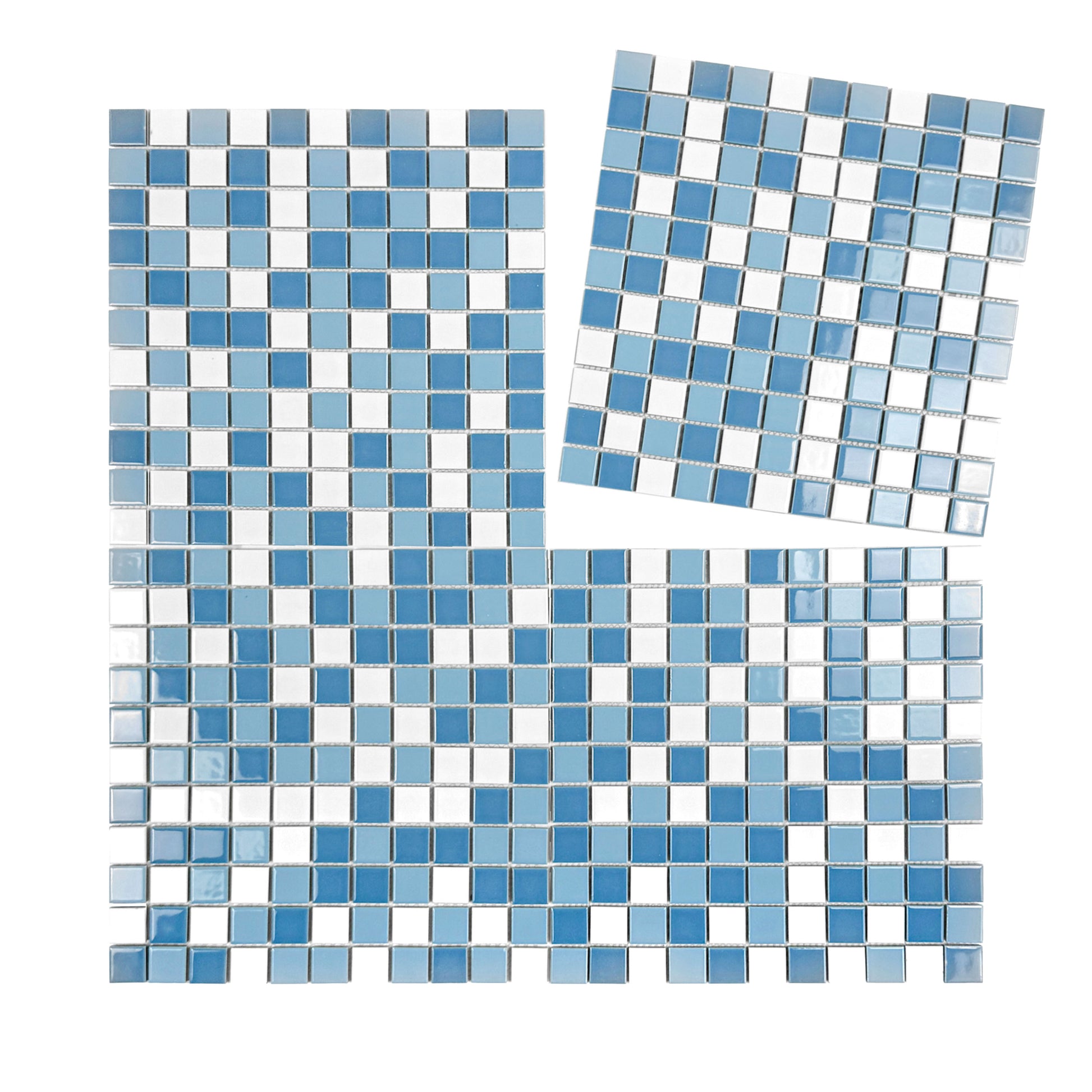 Blue and white square tile mosaic on a white background