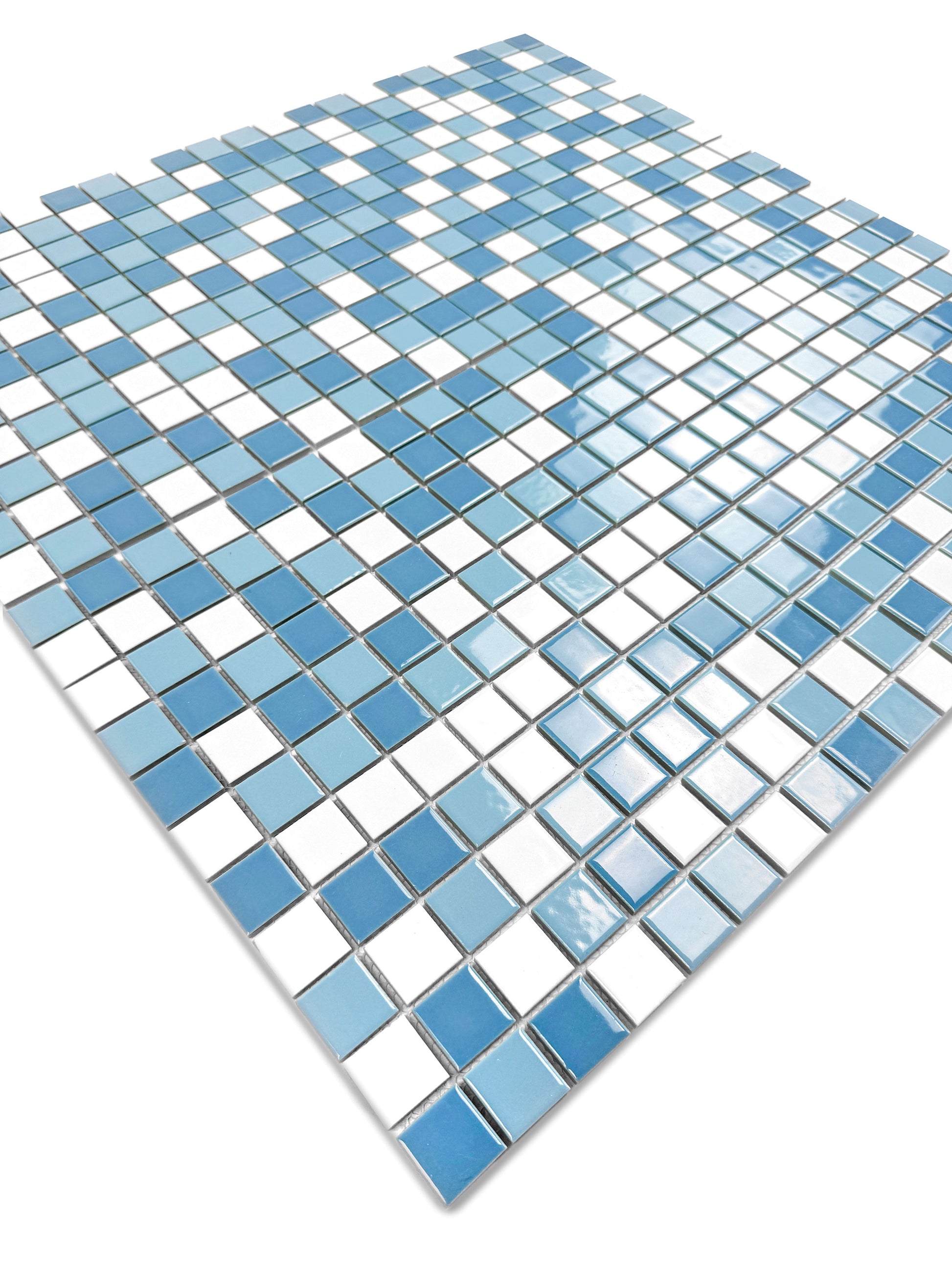 Mosaic tile sheet with blue and white tiles on a white background