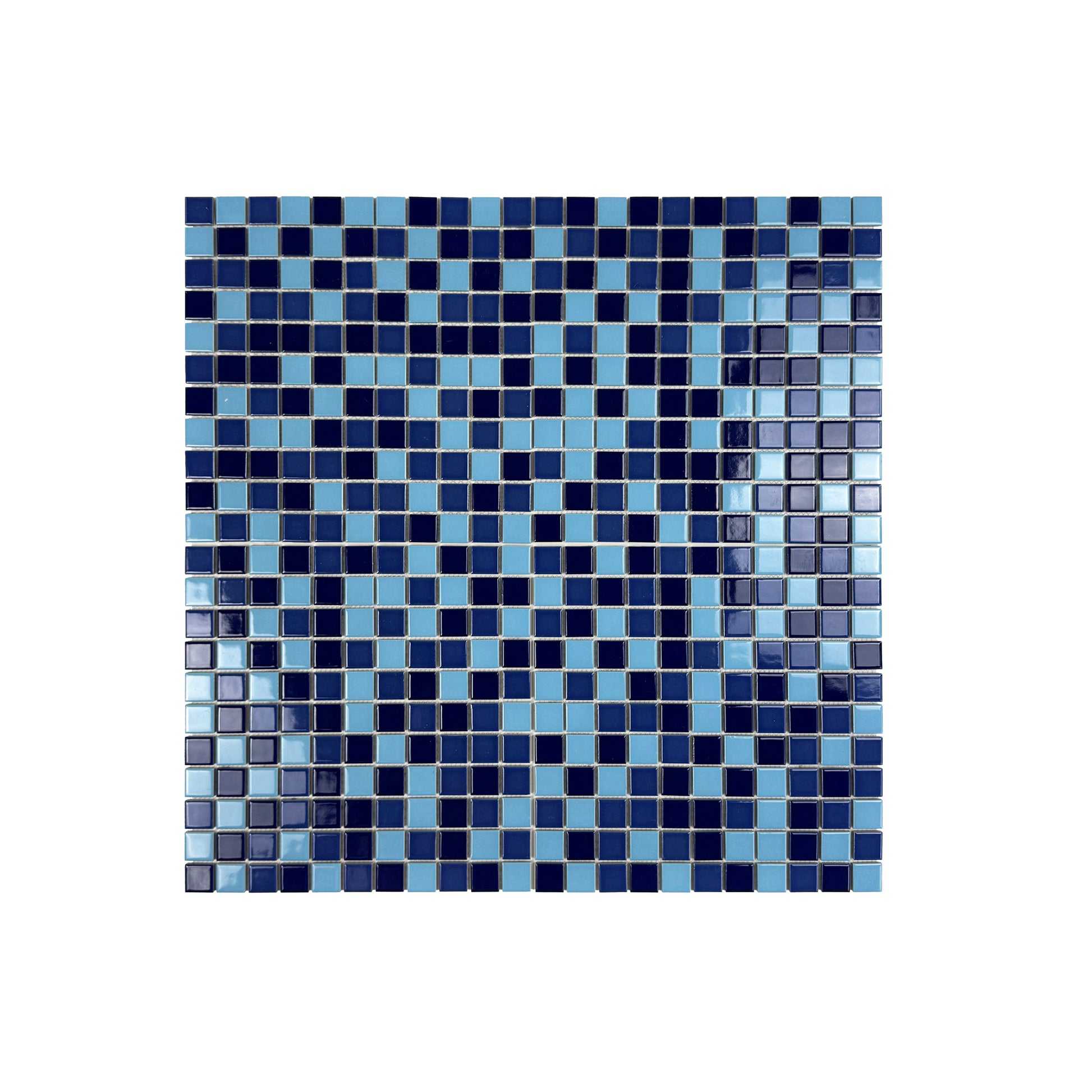 Mosaic pattern of blue and black square tiles on a white background