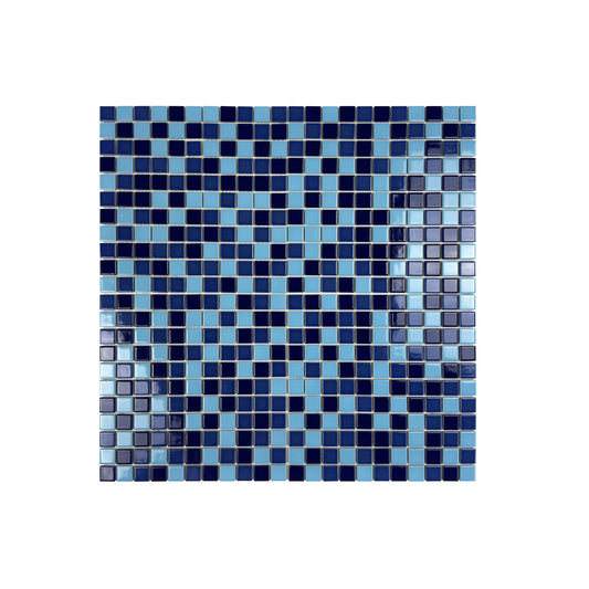 Mosaic pattern of blue and black square tiles on a white background