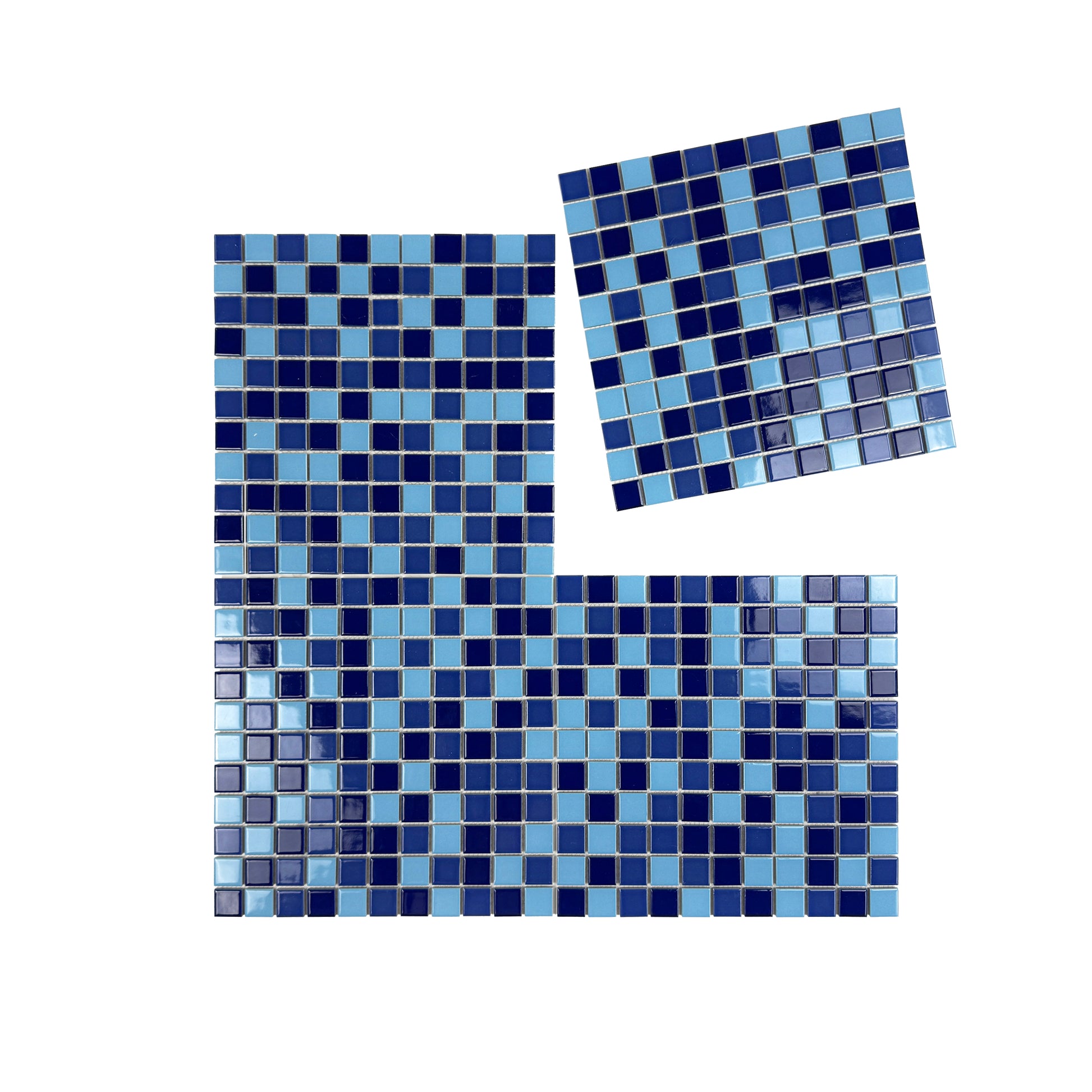 Blue mosaic tiles on a white background