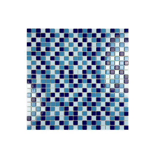 Mosaic tile with blue and white pattern on a white background