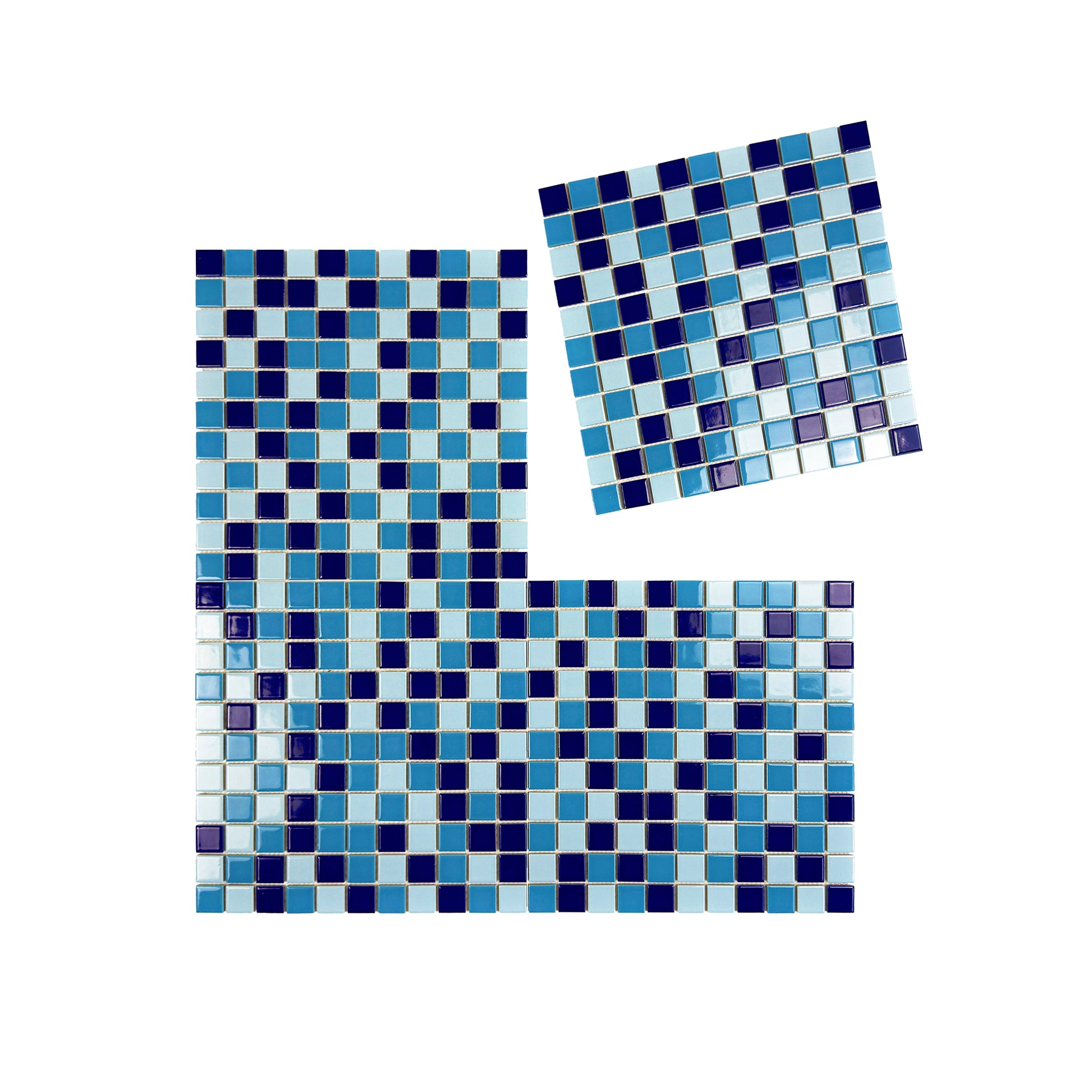 Set of blue and white checkered tiles on a white background