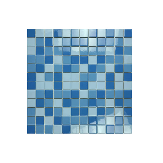 Mosaic tile with blue square pattern on a white background