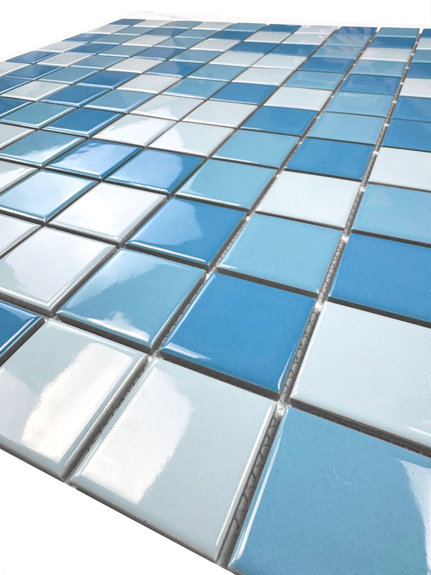 Close-up of blue and white mosaic tiles