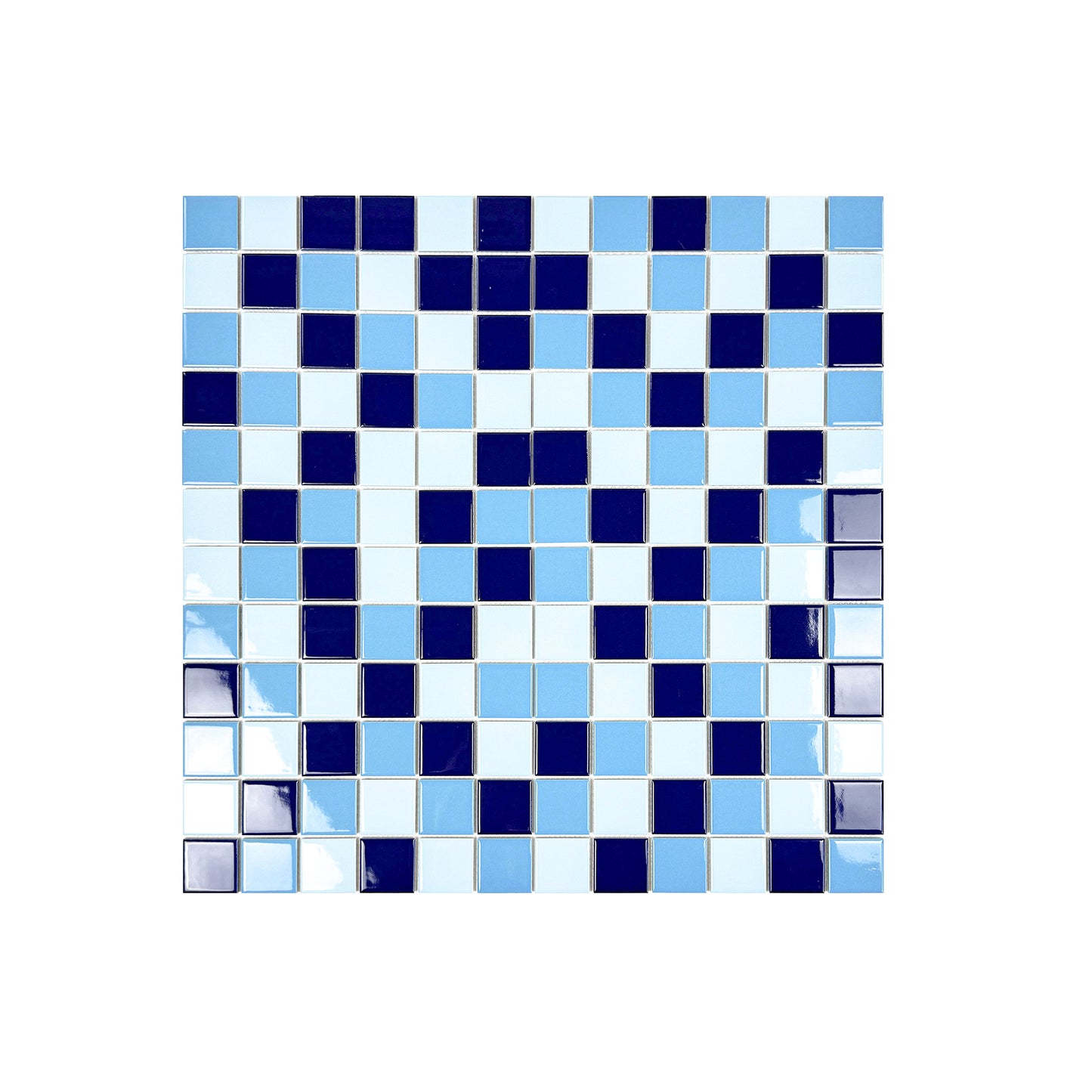 Mosaic tile with blue and white squares on a white background