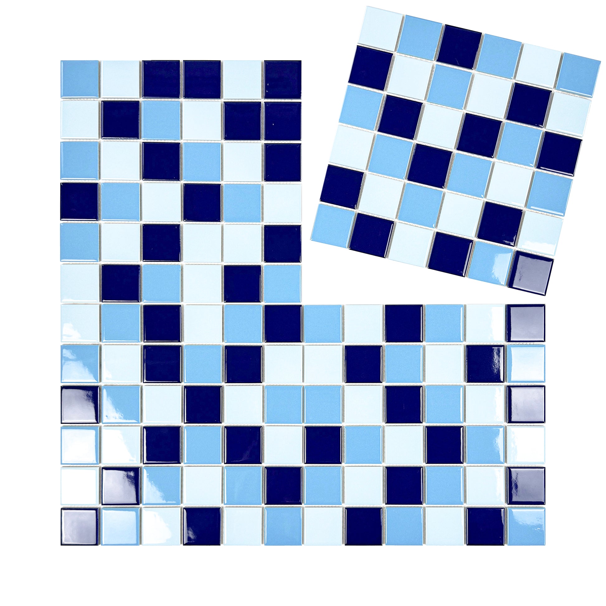 Blue and white mosaic tiles on a white background