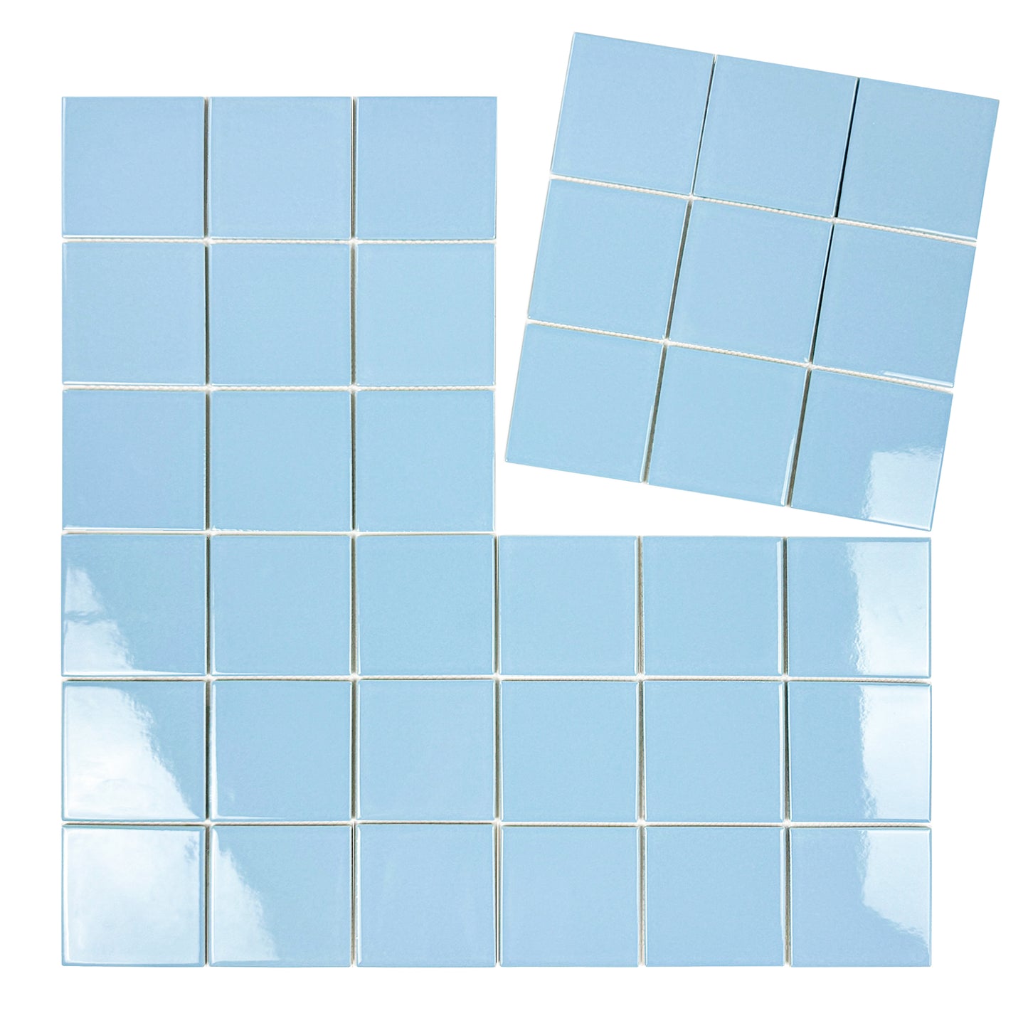 Set of blue square tiles with white grout lines on a white background
