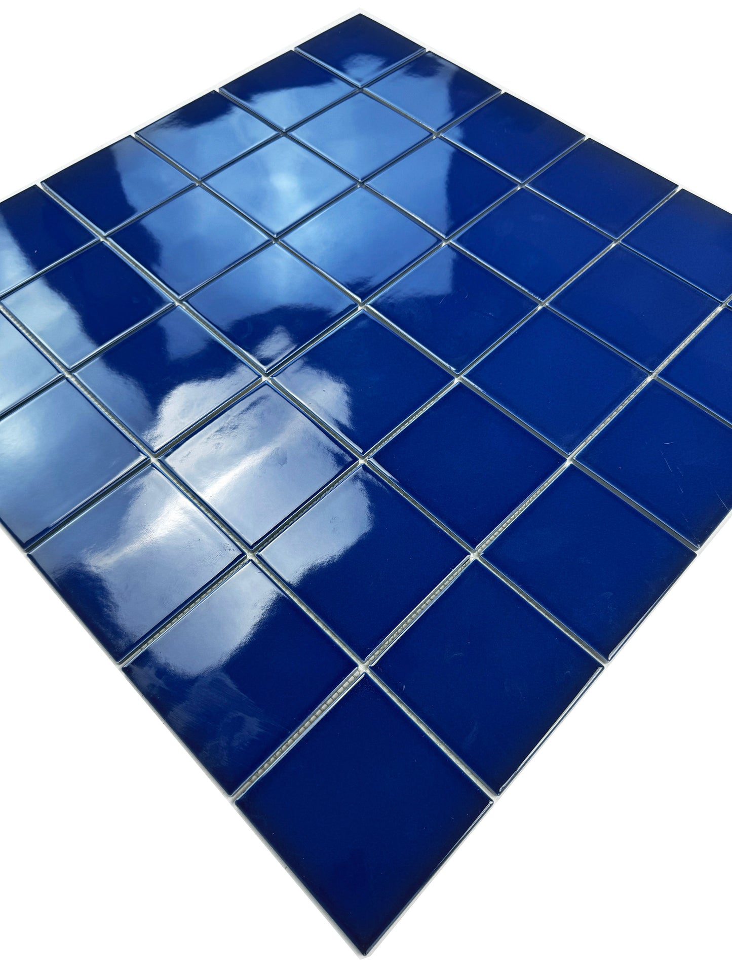 Blue square mosaic tiles on a white background