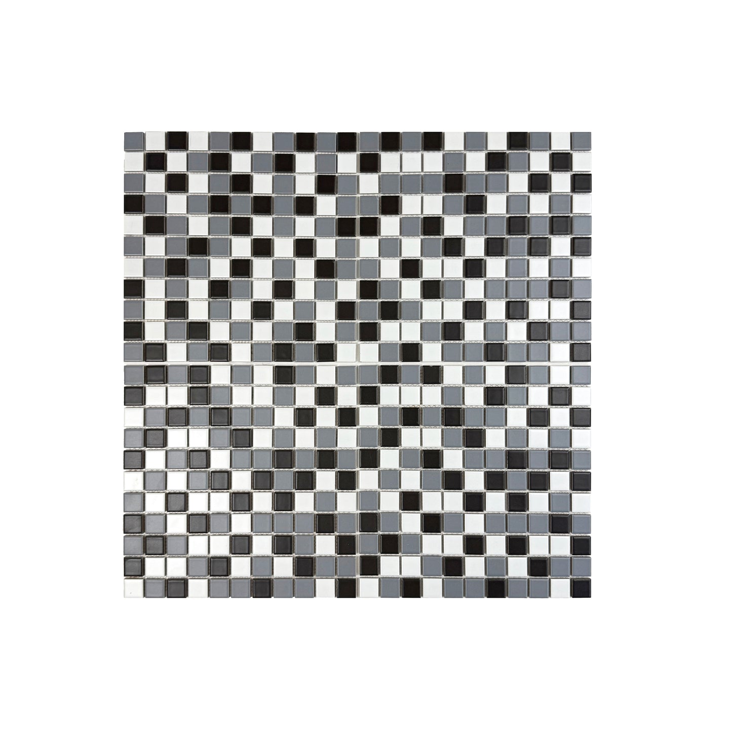 Mosaic pattern of black, white, and gray squares on a white background