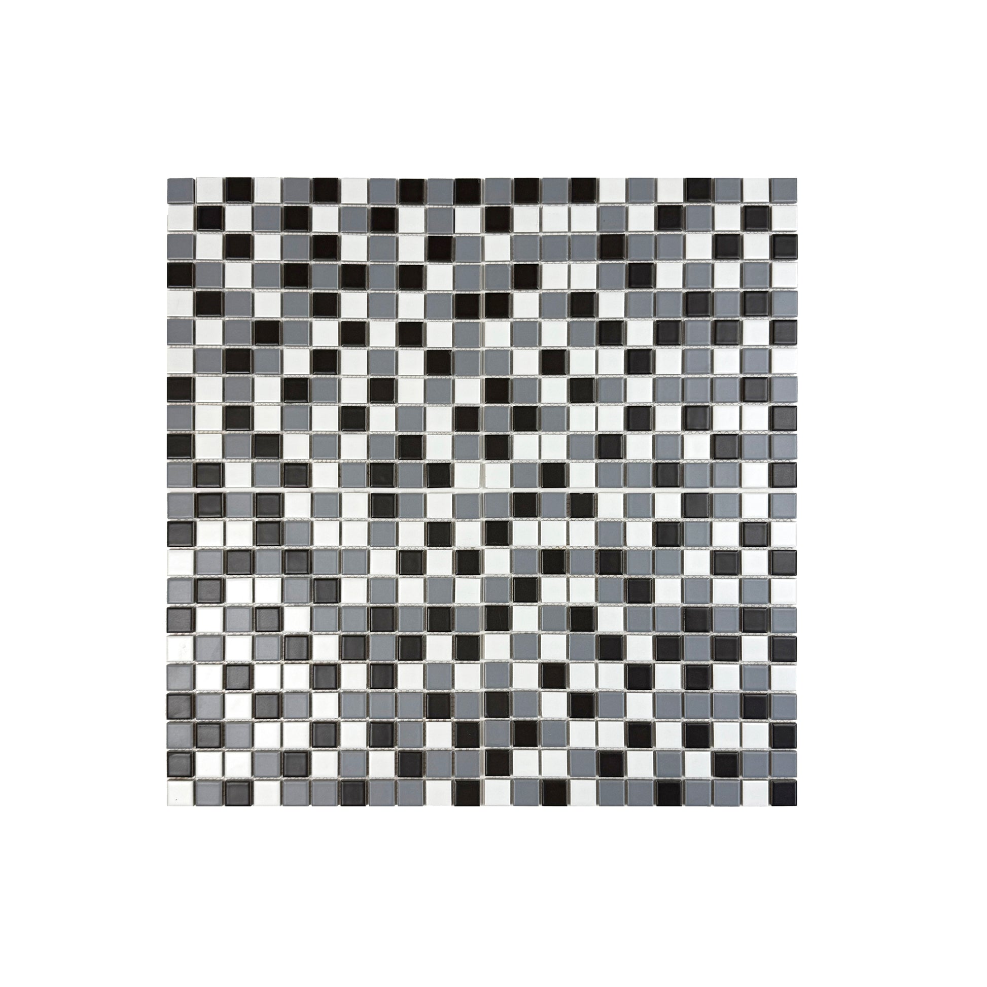 Mosaic pattern of black, white, and gray squares on a white background