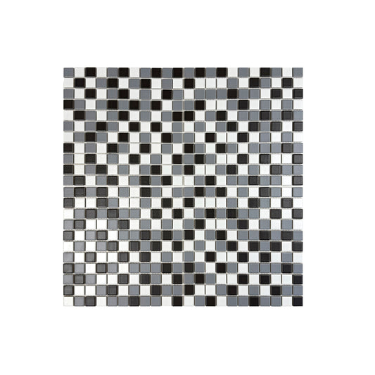 Mosaic pattern of black, white, and gray squares on a white background