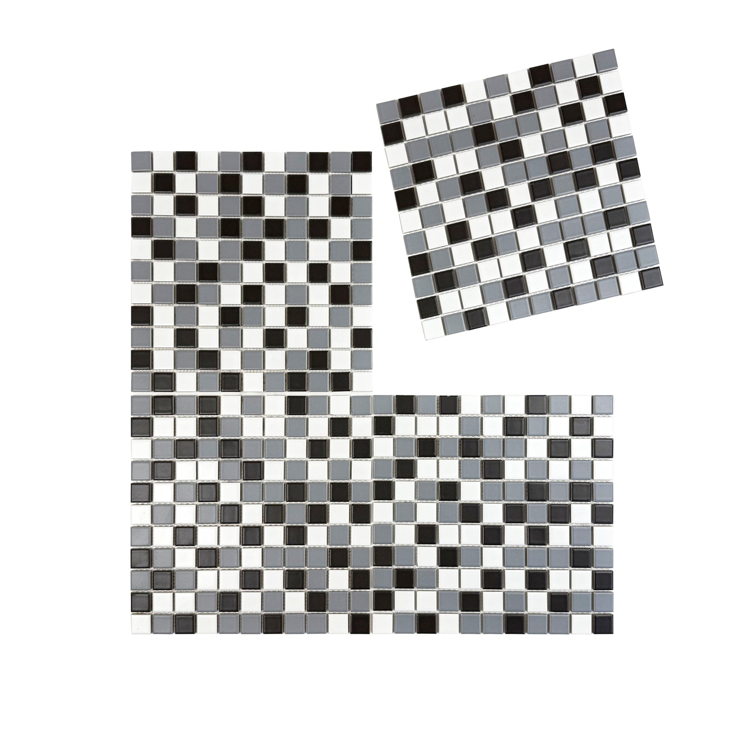 Black and gray square mosaic tiles on a white background