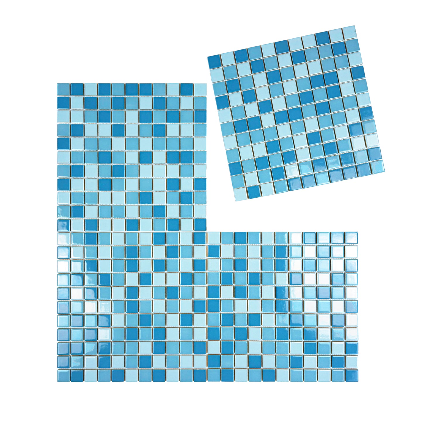 Set of blue mosaic tiles on a white background