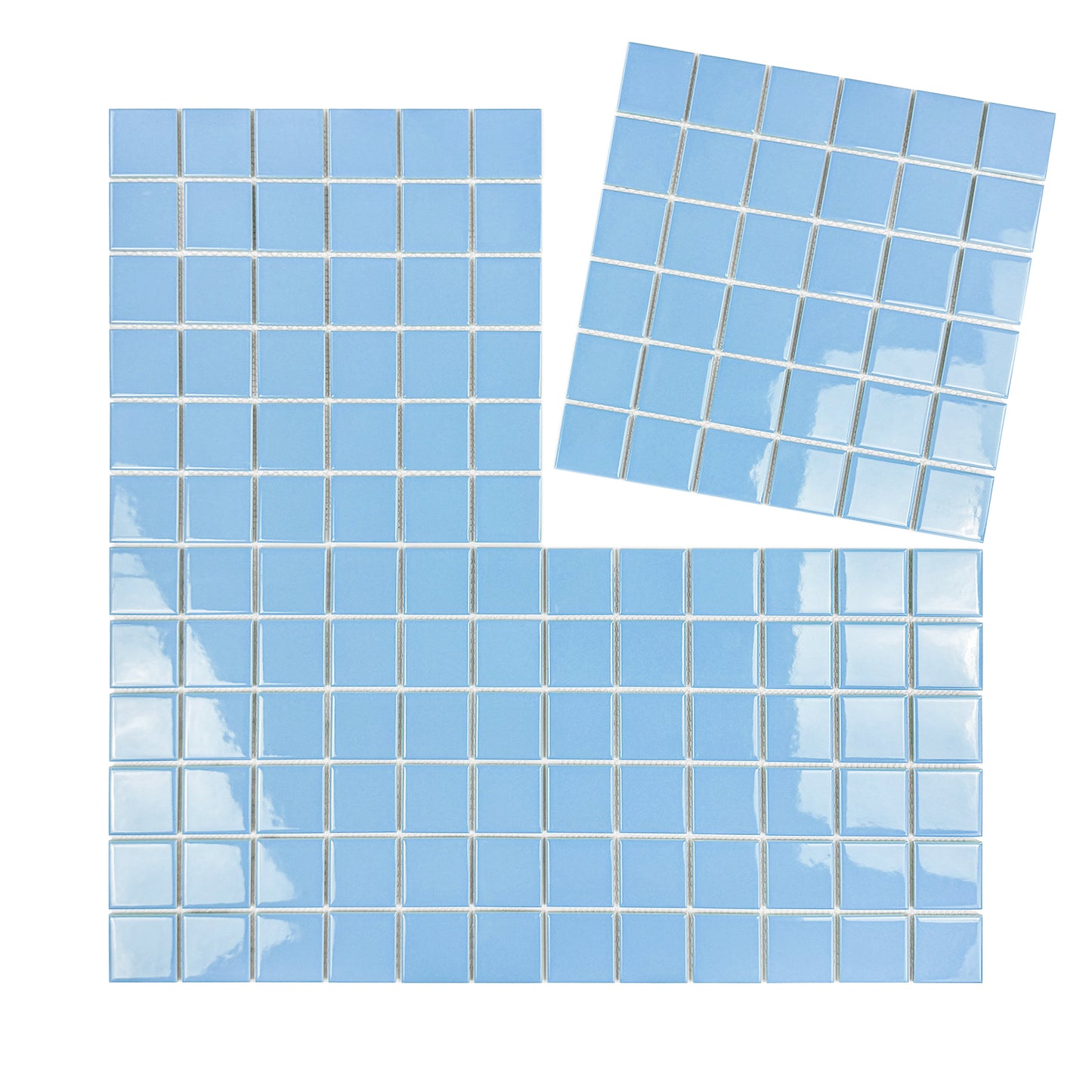 Set of blue square tiles with grout lines on a white background